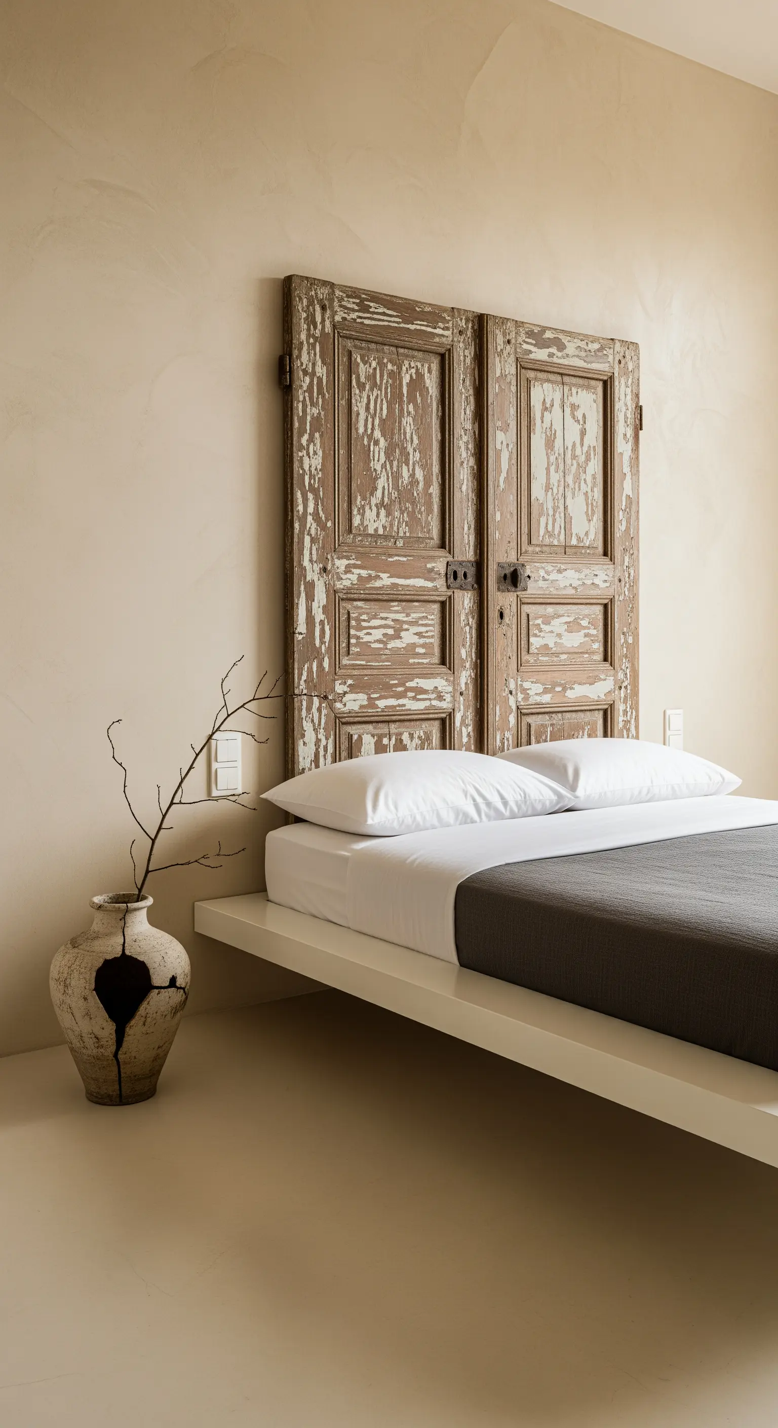 Vecchia porta in legno scrostato utilizzata come testiera per un letto basso e minimalista.