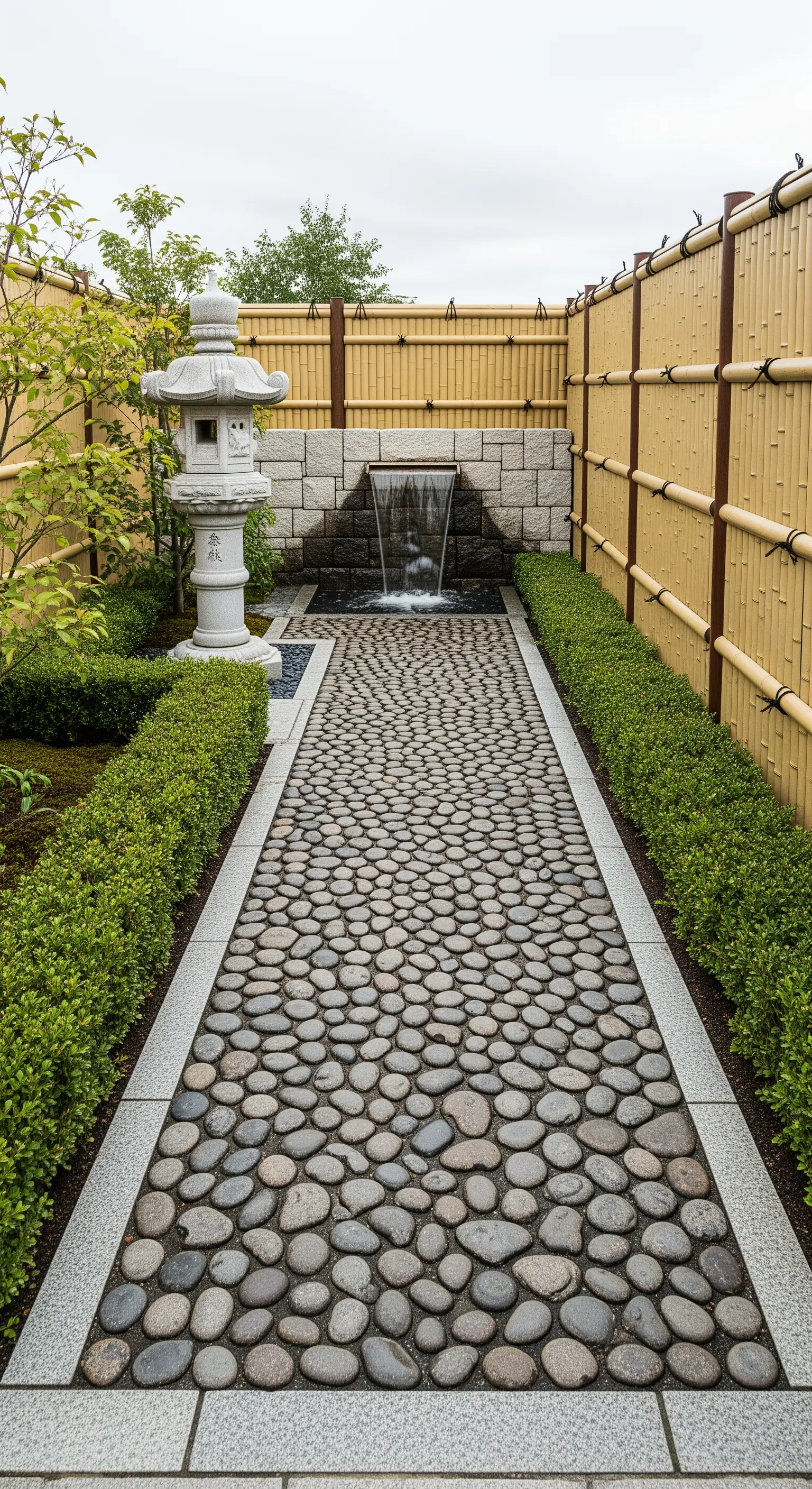 Stretto sentiero di ciottoli che conduce a una fontana, delimitato da siepi e bambù.