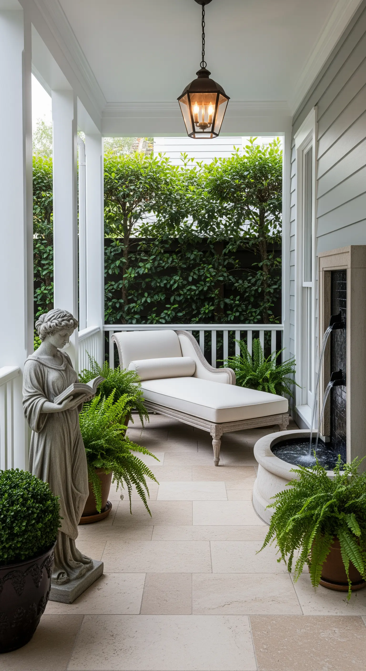 Portico stretto con chaise lounge, statua, felci in vaso e una piccola fontana a muro.