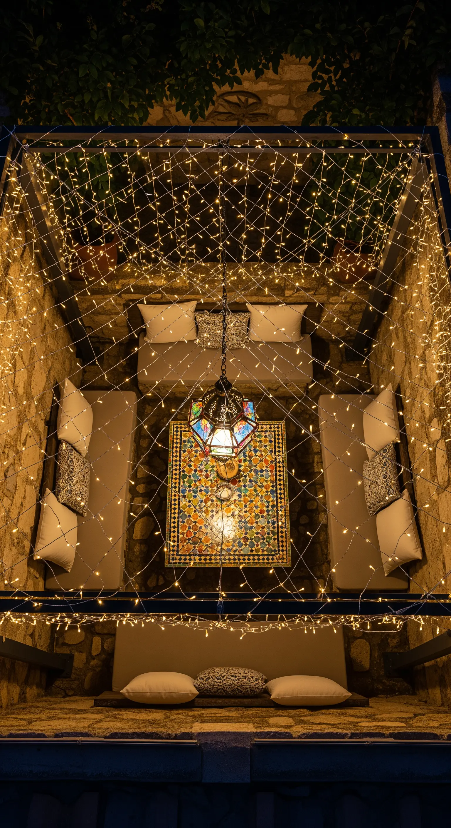 Cortile in pietra con divanetti, una rete di lucine come soffitto e una lanterna colorata
