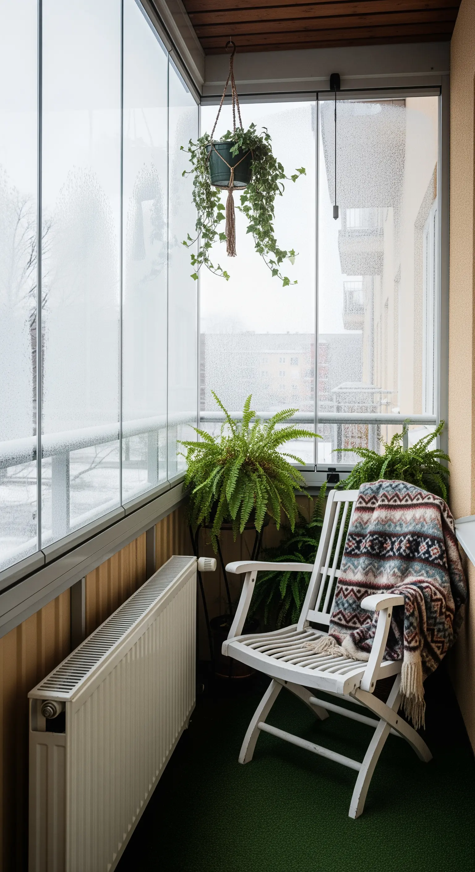 Balcone verandato con piante, sedia in legno bianco e coperta con motivo nordico.