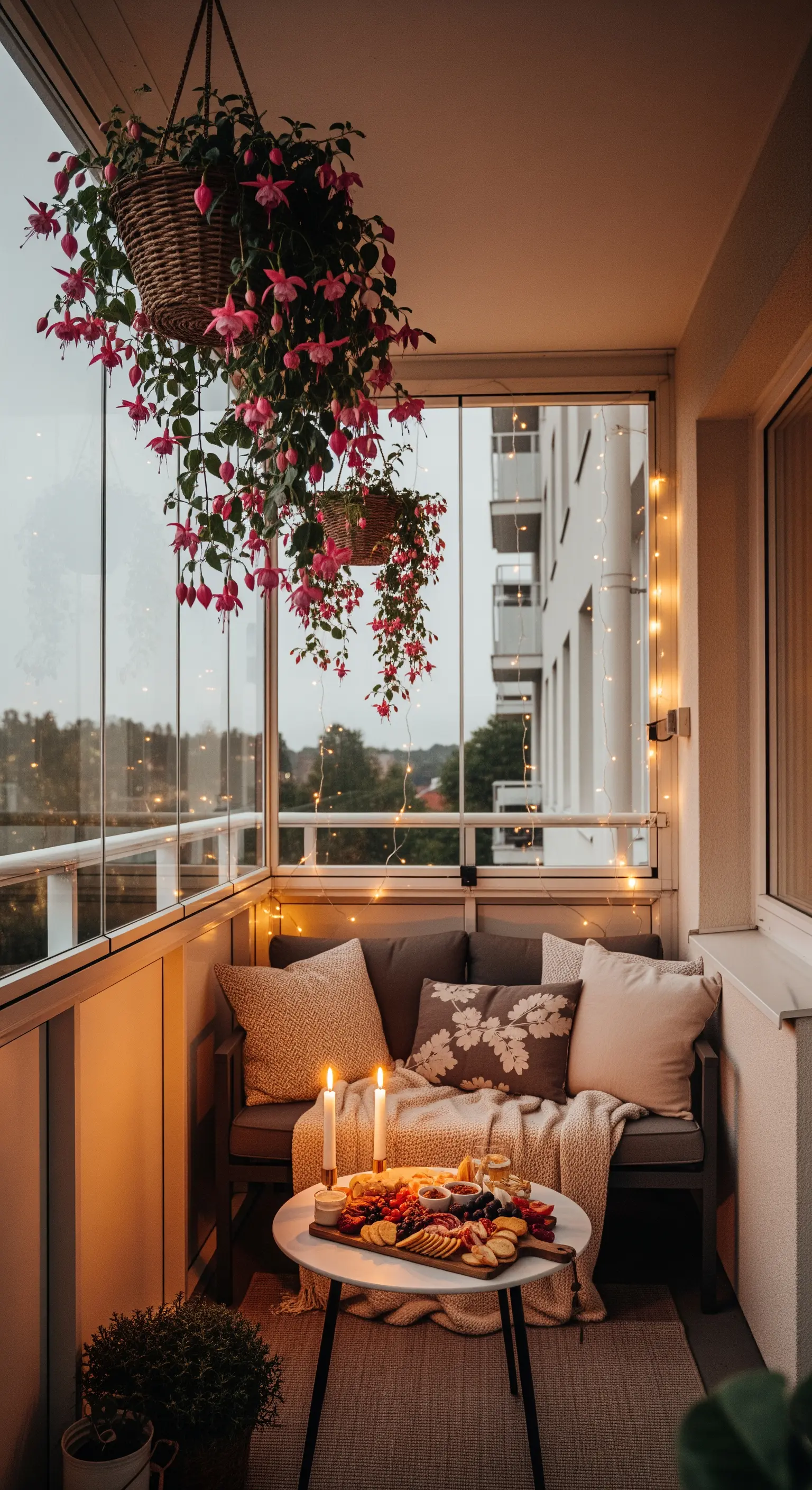 Veranda chiusa con un divanetto grigio, candele accese e una pianta di fucsia pendente