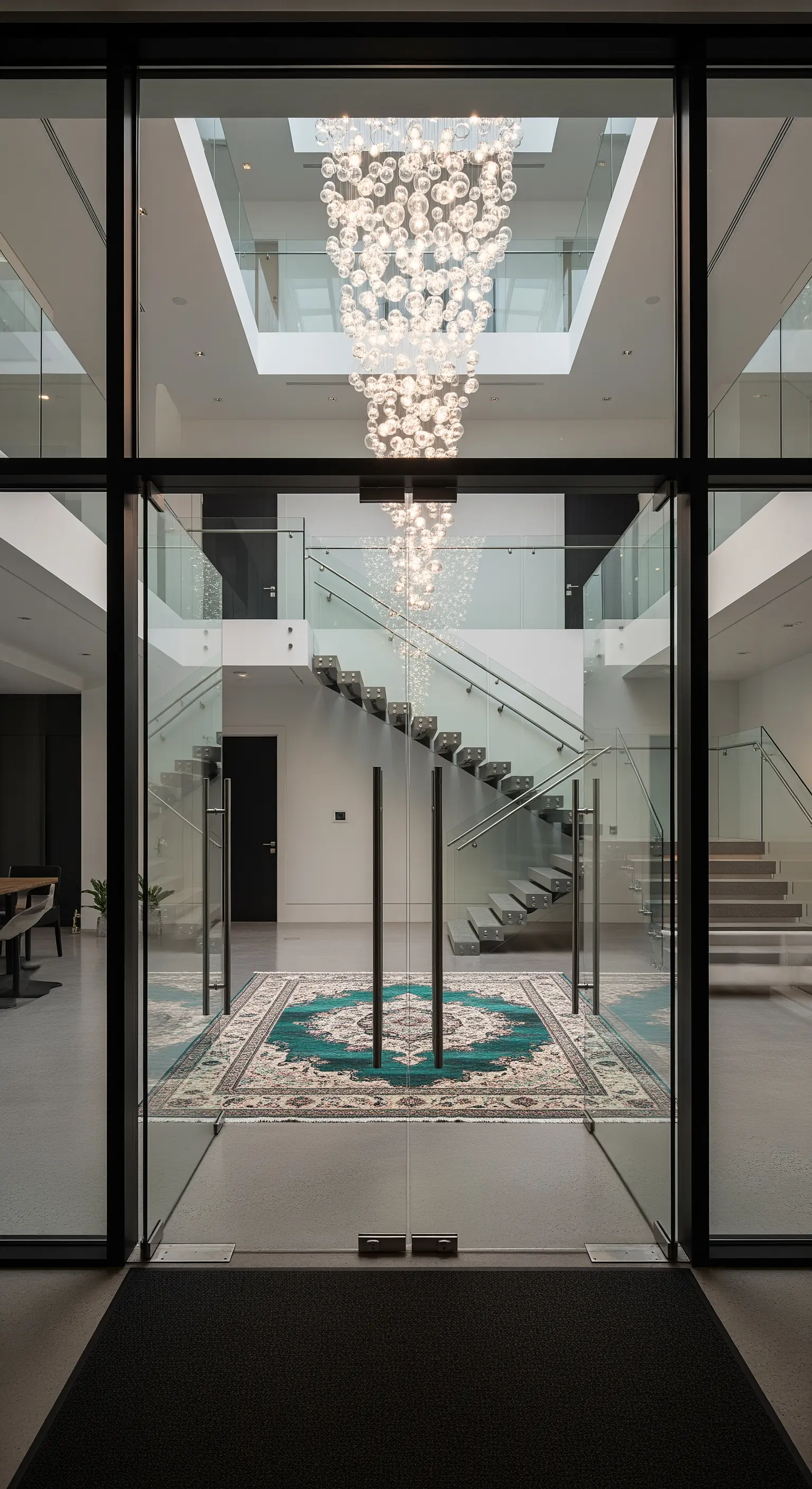 Atrio moderno in vetro con lampadario a bolle e tappeto persiano turchese.