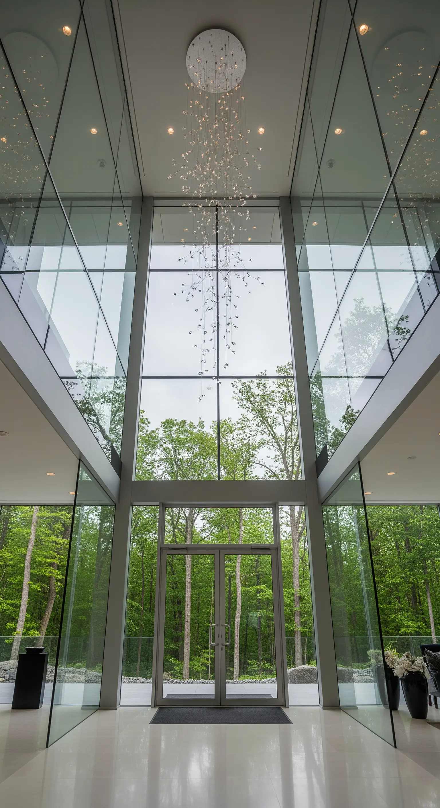 Ingresso moderno con pareti interamente in vetro che si affacciano su un bosco e un lampadario a cascata.