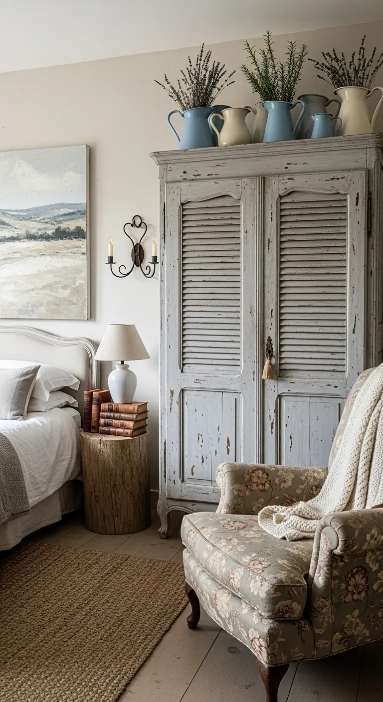 Camera in stile rustico con armadio decapato grigio, poltrona a fiori e tende quasi invisibili.