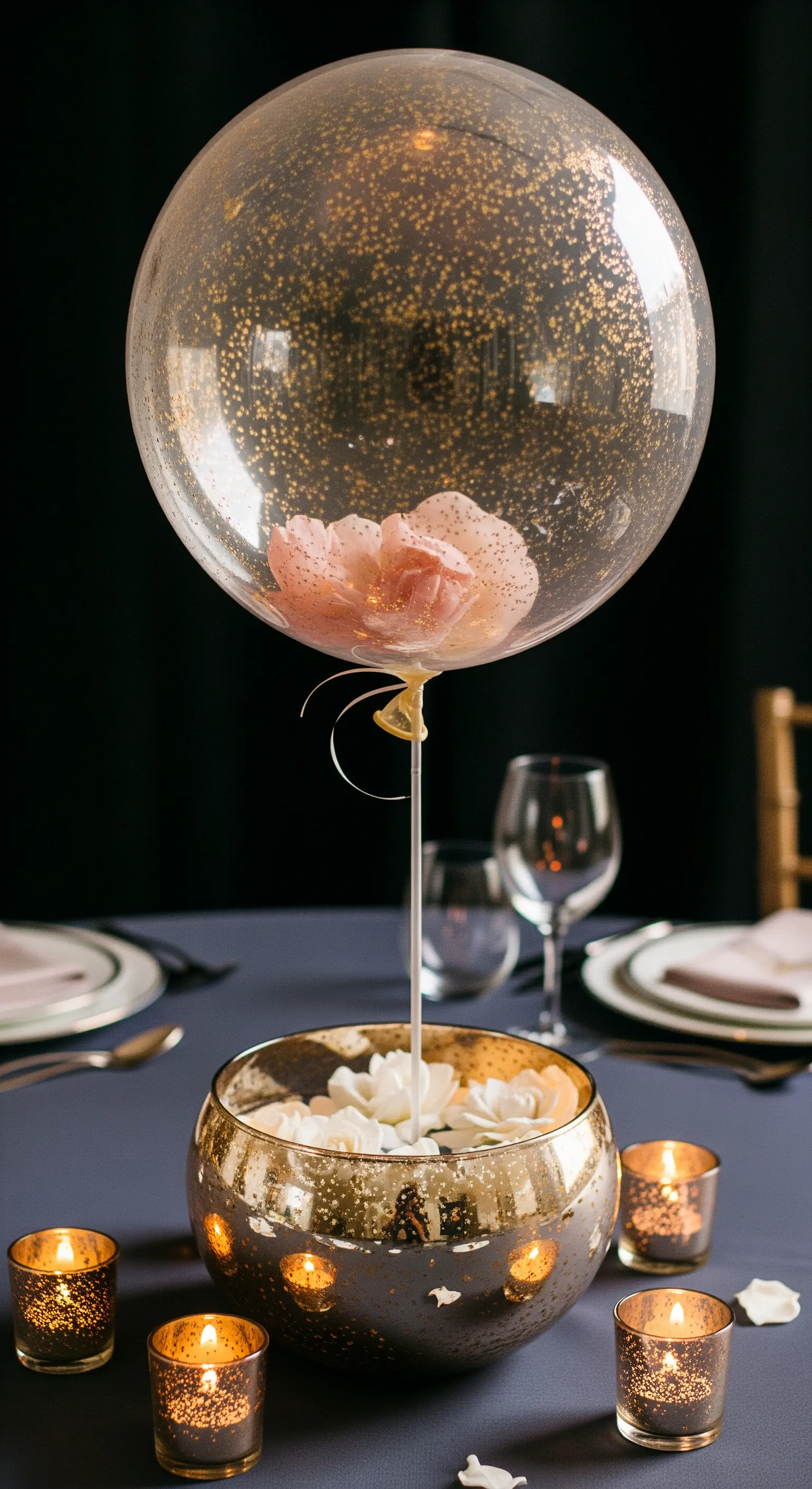 Palloncino con fiore rosa e glitter all'interno, sostenuto da una coppa in vetro dorato.