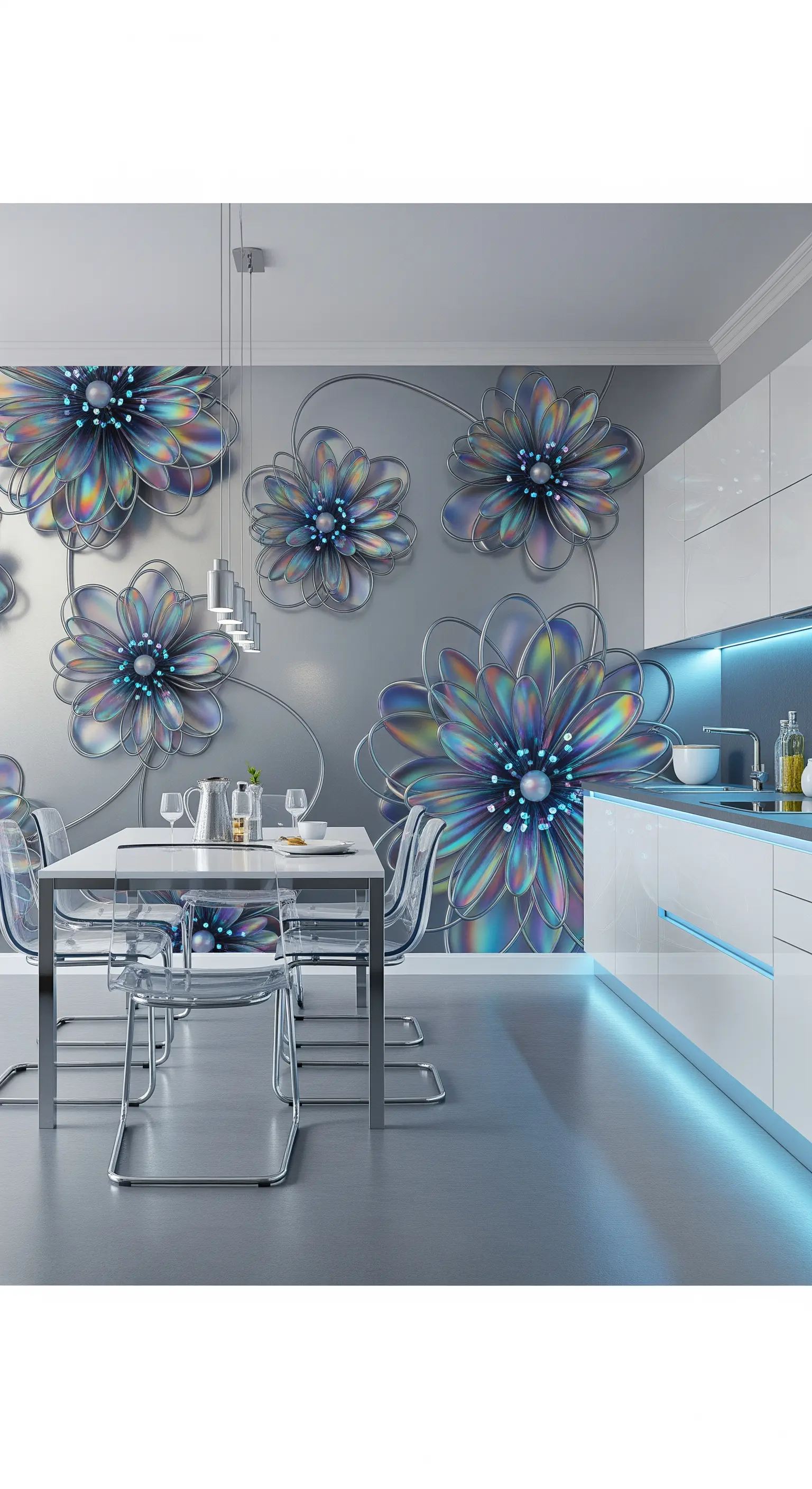 Cucina moderna con carta da parati floreale 3D e sedie trasparenti in plexiglass.