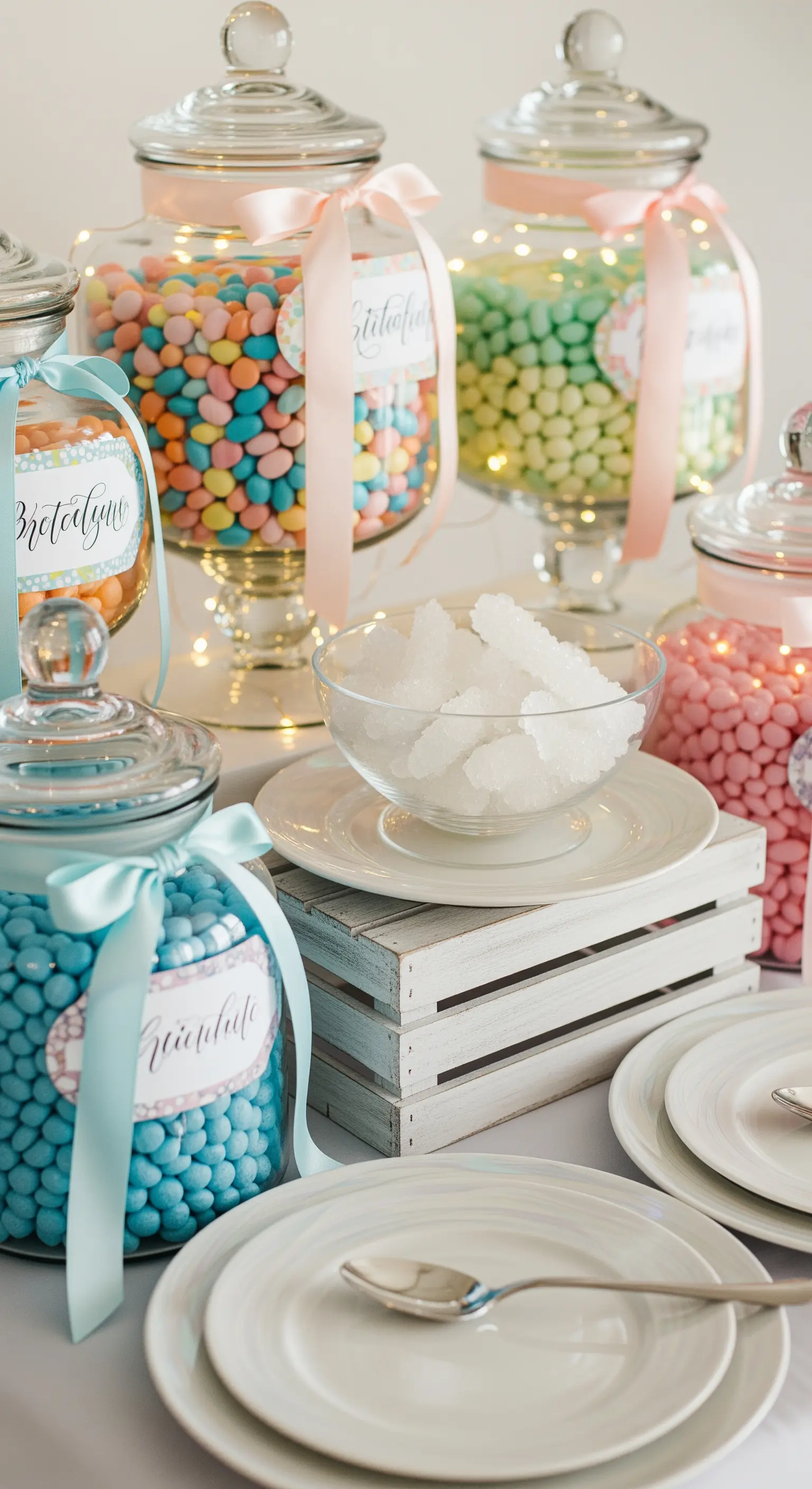 Vasi di vetro pieni di caramelle colorate, decorati con nastri pastello ed etichette scritte a mano.