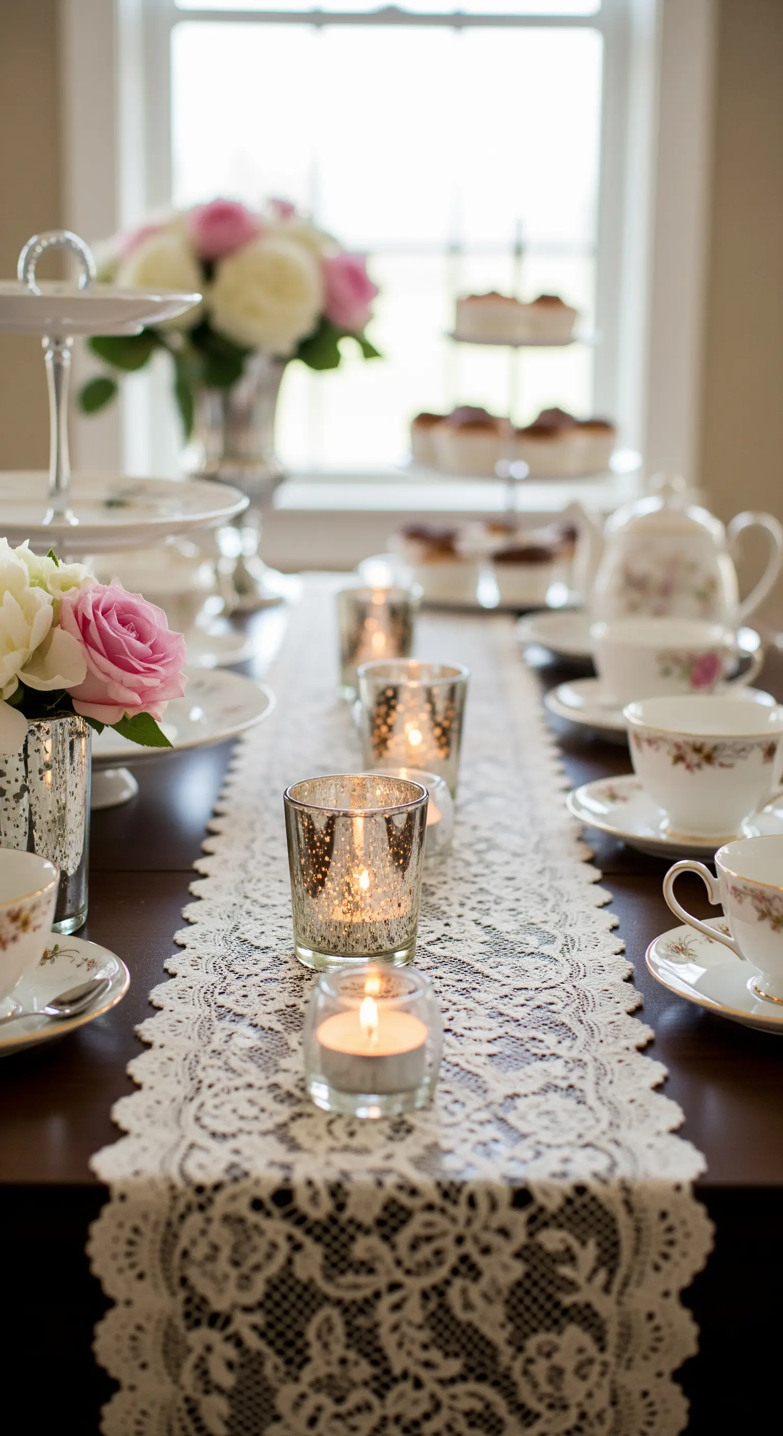 Runner in pizzo bianco abbinato a portacandele in vetro effetto mercurio.