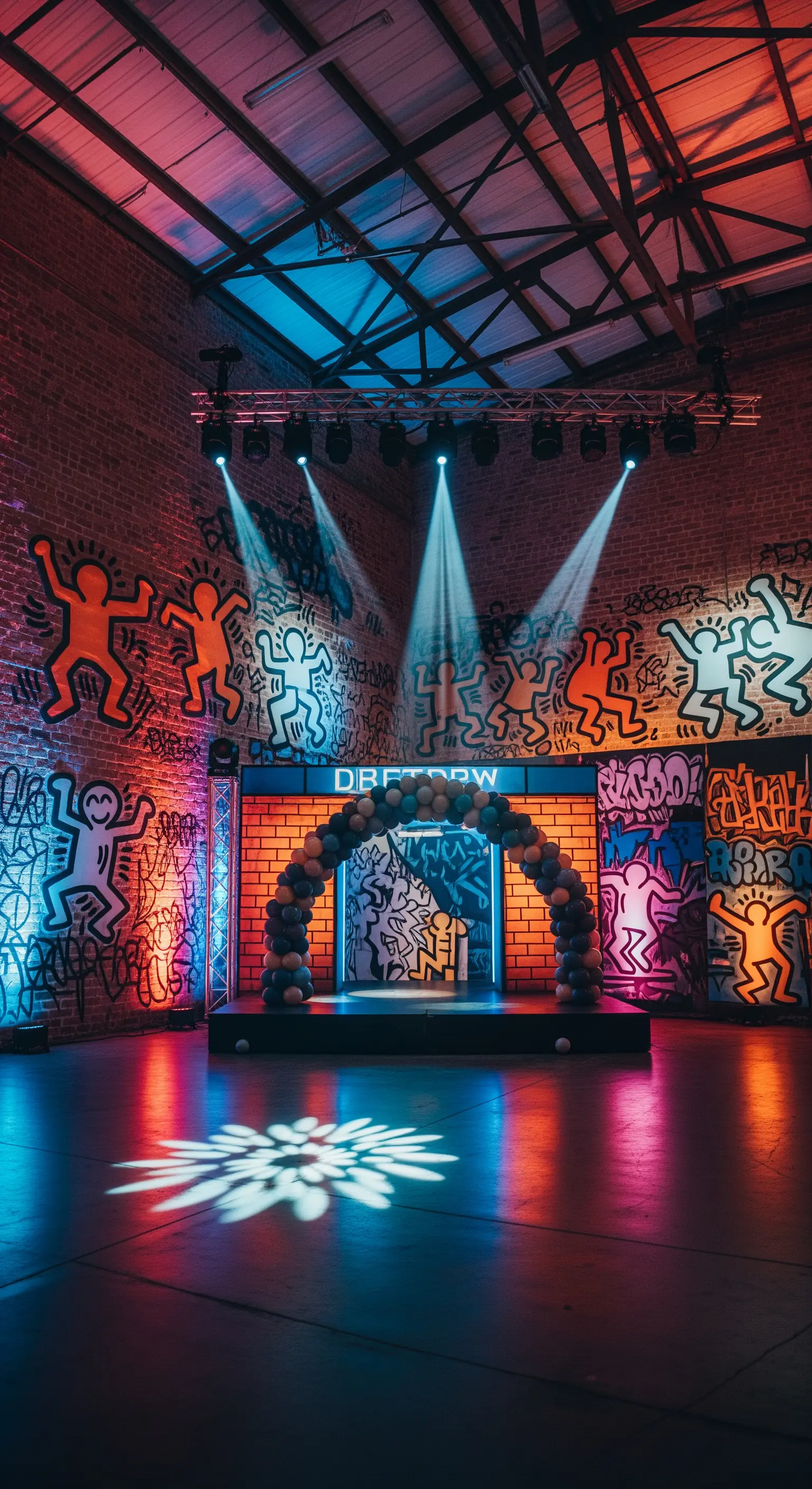 Festa a tema Keith Haring con graffiti luminosi, luci da club e un arco di palloncini.