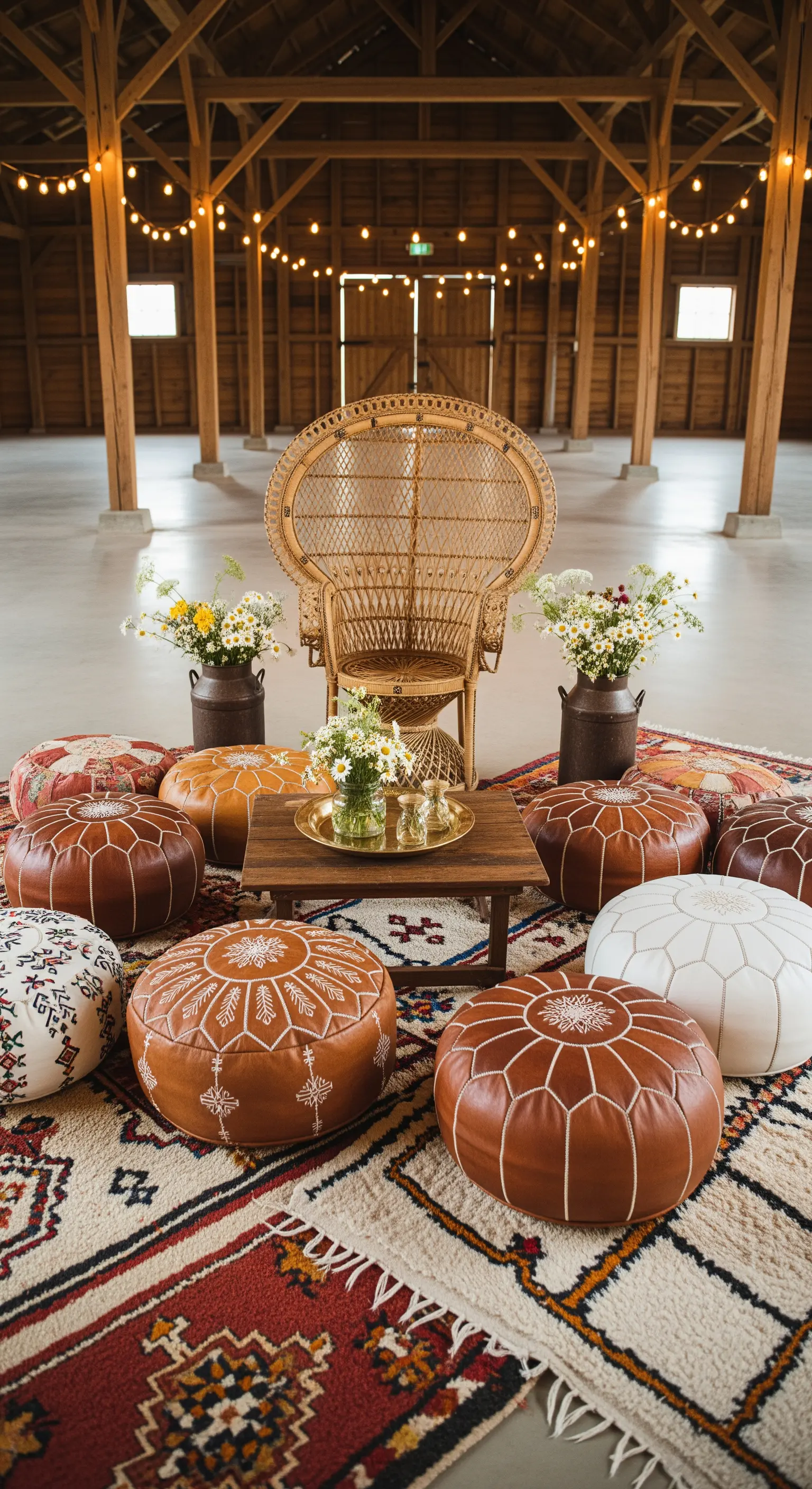 Photo corner con iconica poltrona Peacock, pouf in pelle marocchini e tappeto berbero.