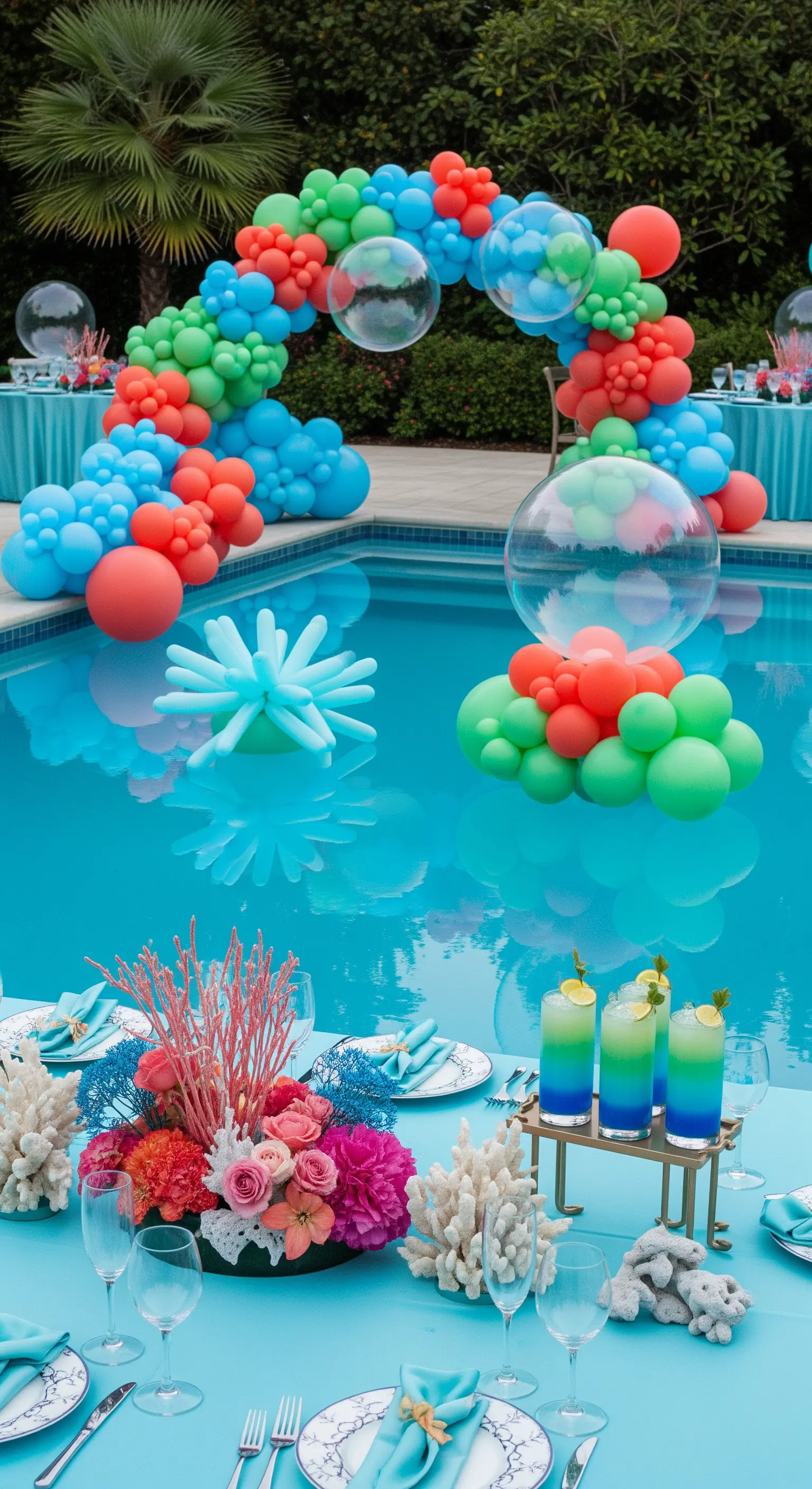 Festa a bordo piscina a tema sottomarino con palloncini a forma di corallo.