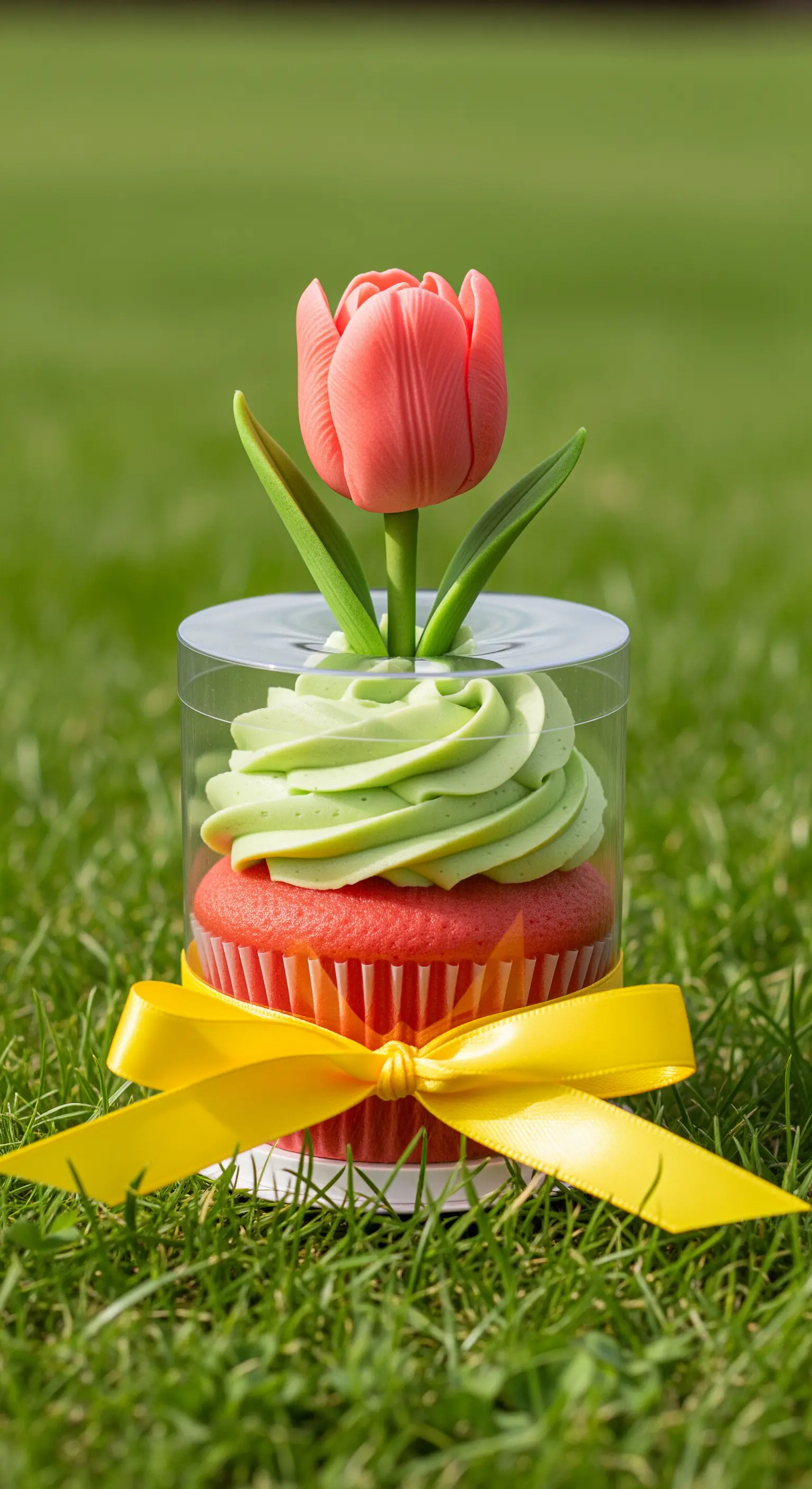 Cupcake a forma di tulipano in una scatola cilindrica con fiocco giallo.
