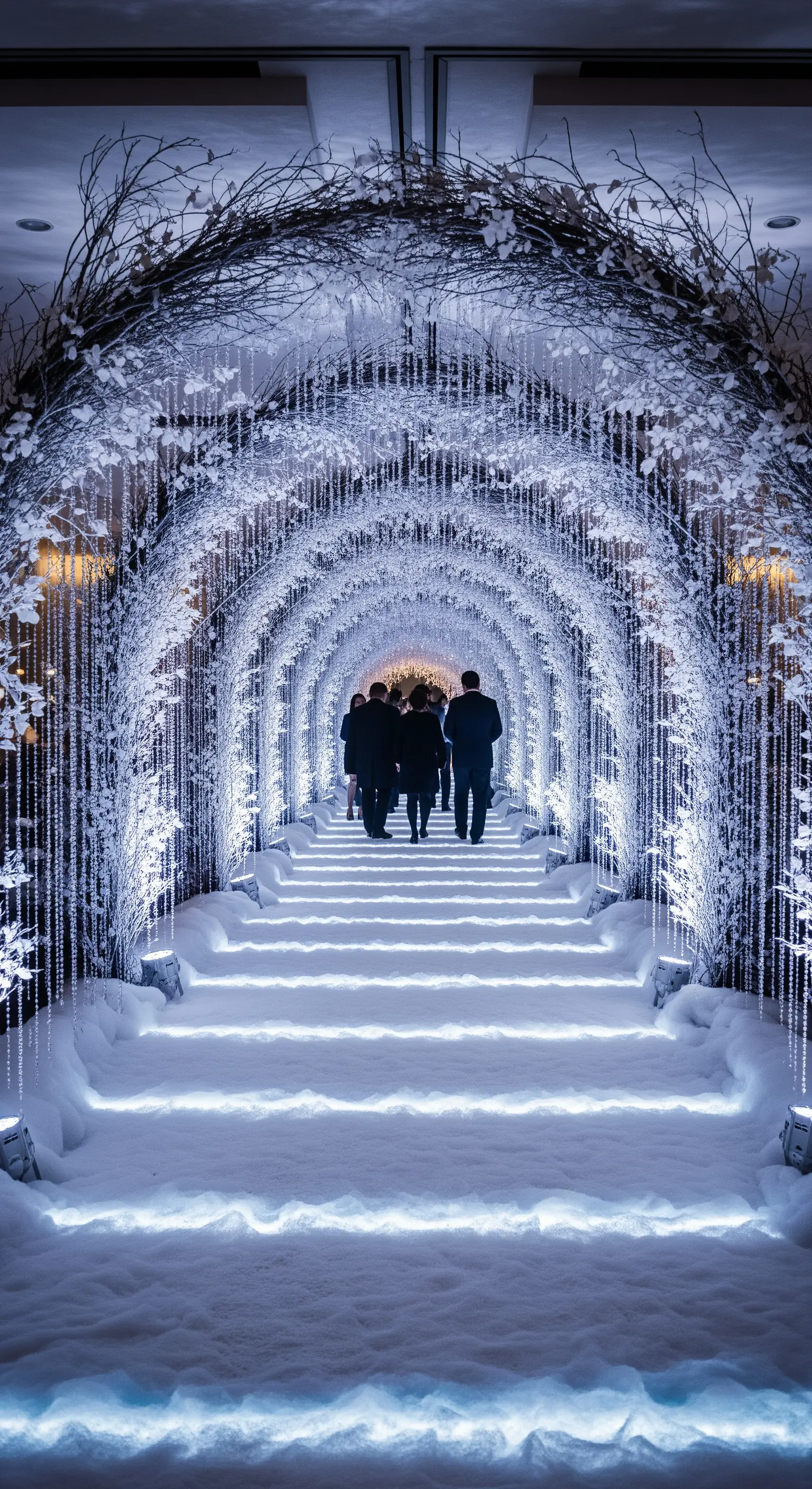 Tunnel illuminato con rami bianchi e luci a cascata su un sentiero innevato.
