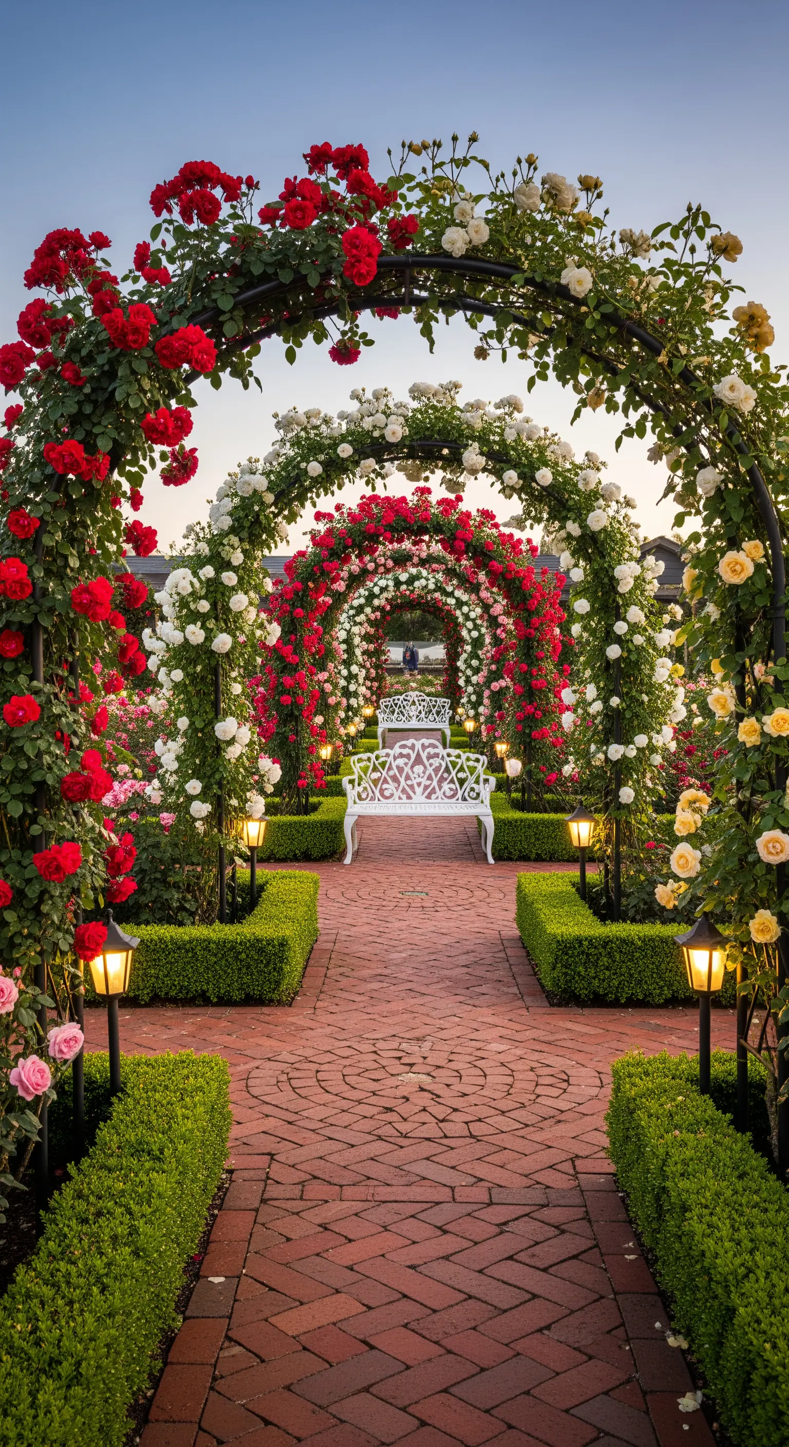 Lungo sentiero in mattoni che attraversa un tunnel di archi coperti di rose rosse, bianche e gialle.