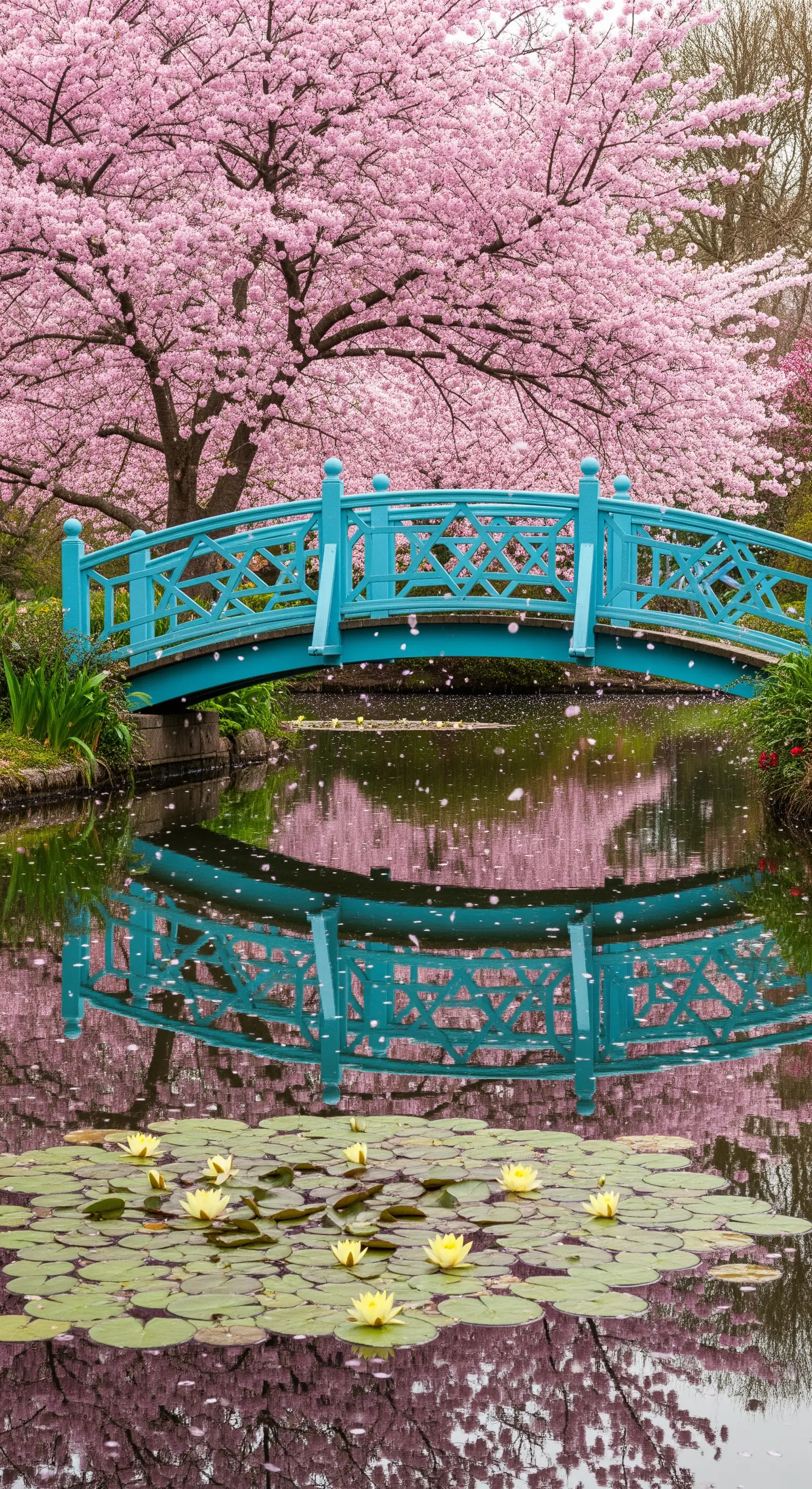 Ponte turchese sotto un albero di ciliegio in fiore, con petali che cadono nell'acqua