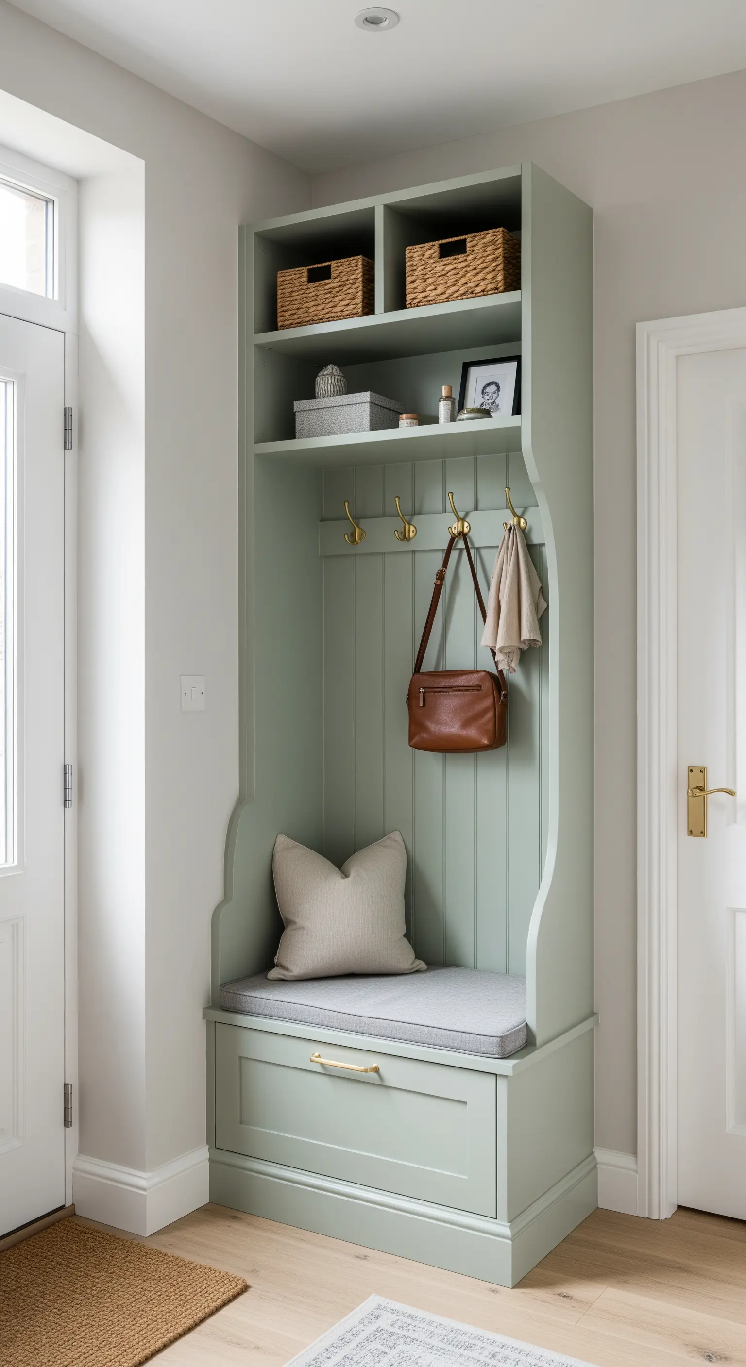 Mobile da ingresso su misura verde salvia con panca, cassetto e ganci.