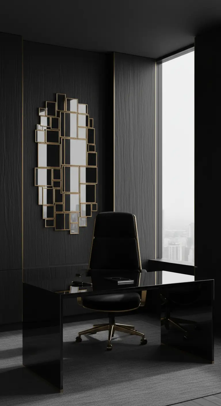 Ufficio nero con scrivania in vetro fumé e specchio geometrico dorato a tessere.