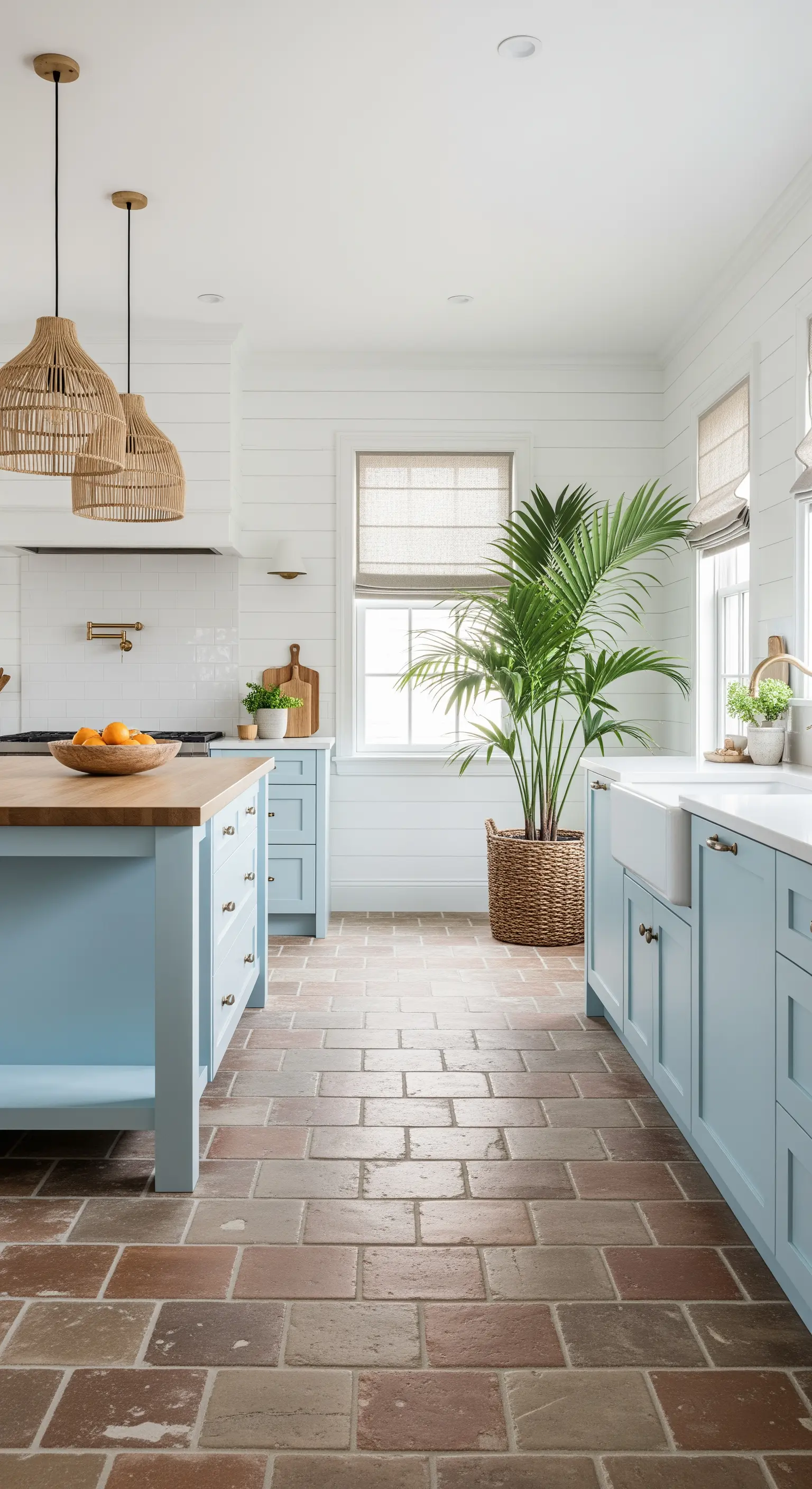 Cucina coastal con mobili azzurri, pavimento in cotto e lampade a sospensione in rattan.