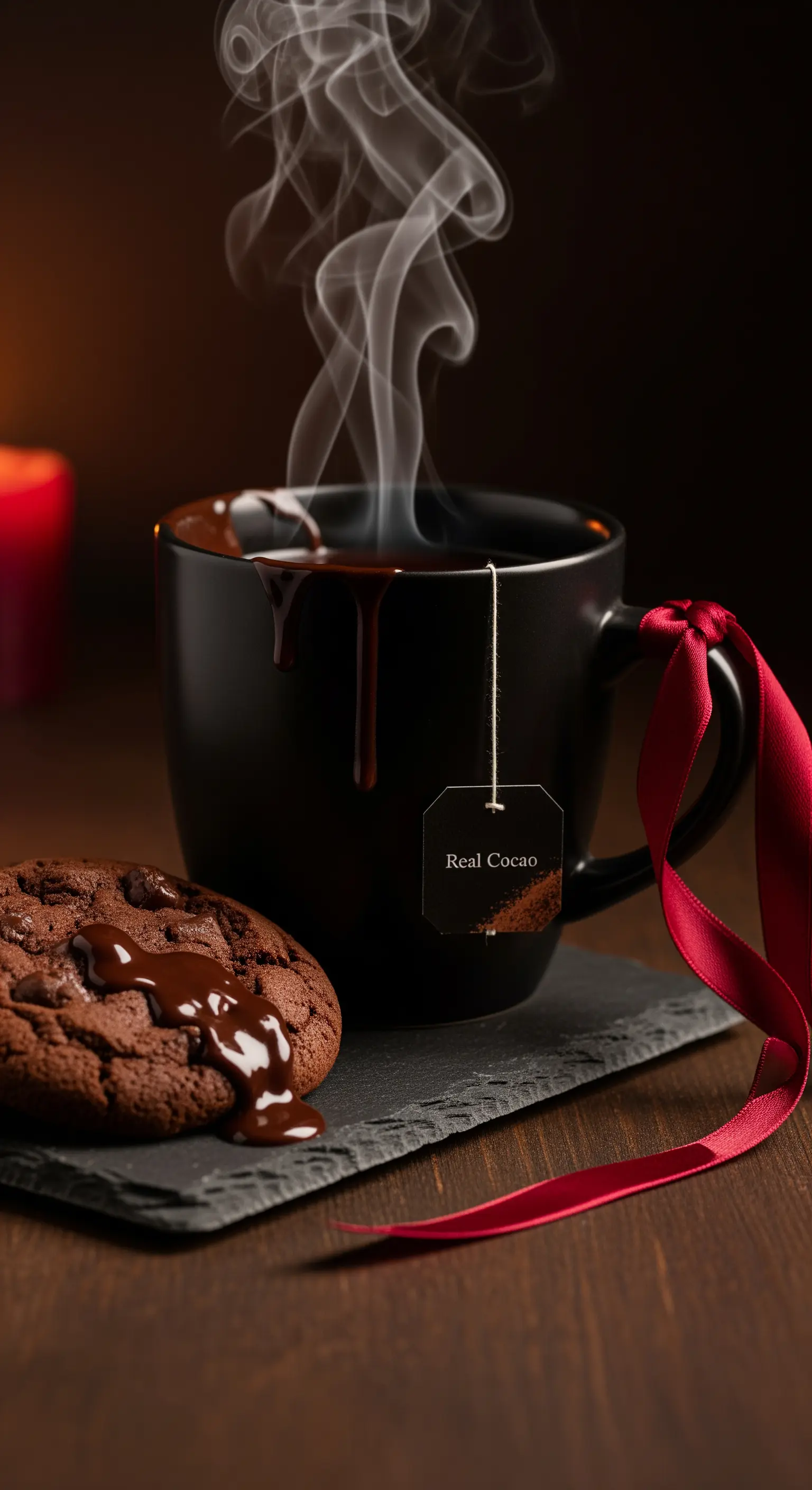 Tazza di cioccolata calda fumante con biscotto al cioccolato e nastro rosso.