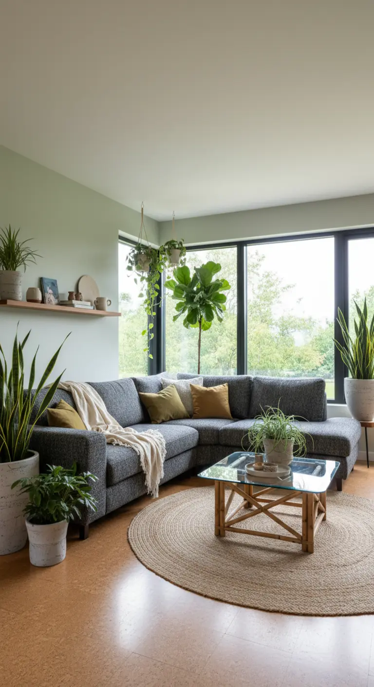 Soggiorno con divano grigio angolare circondato da numerose piante verdi e un tappeto di iuta.