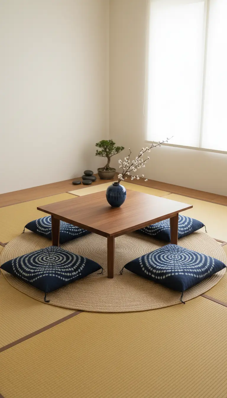 Cuscini blu con tintura shibori disposti su un tappeto rotondo attorno a un tavolo basso.