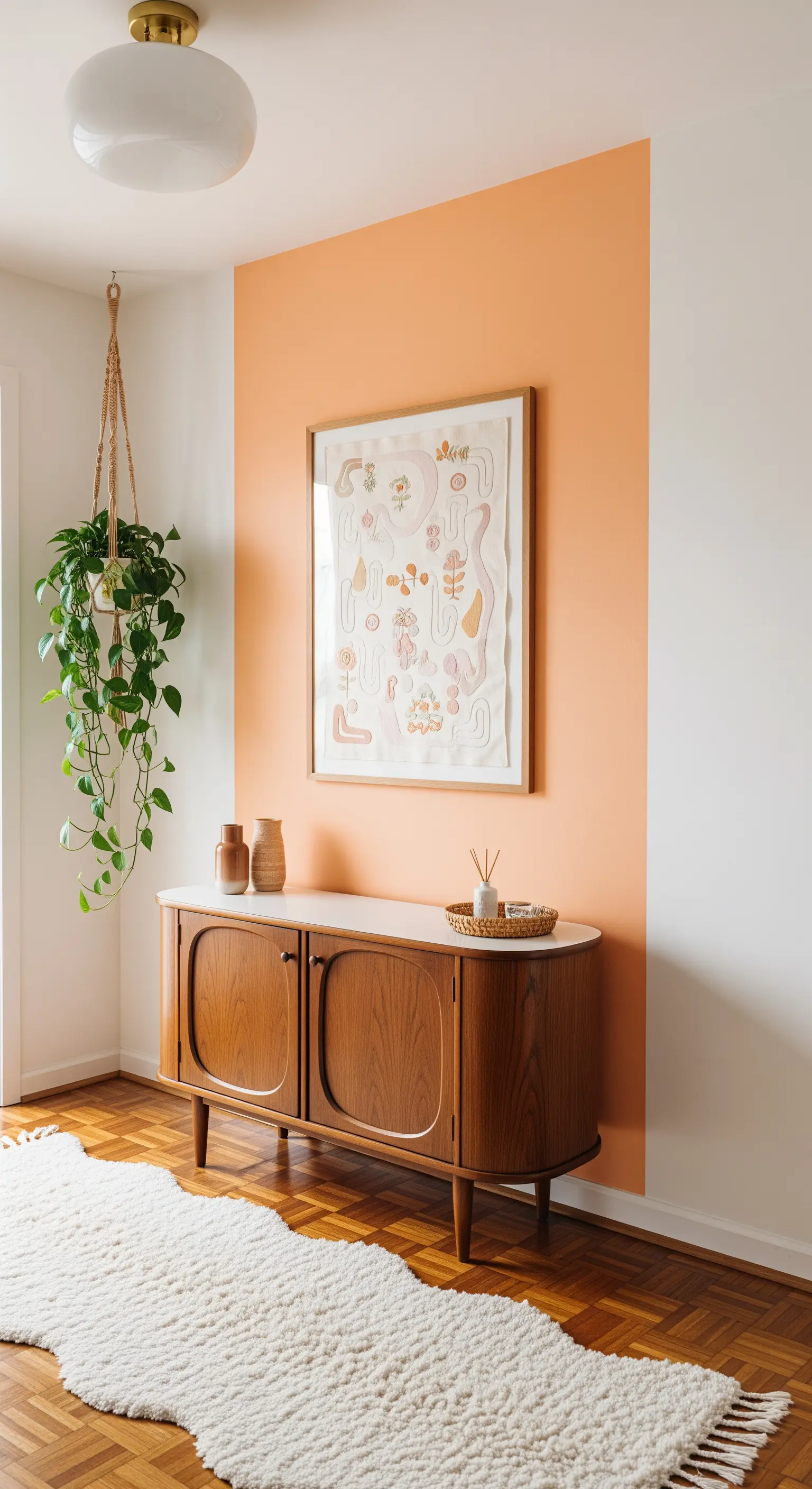 Credenza in legno con un blocco di colore arancione dipinto sulla parete.