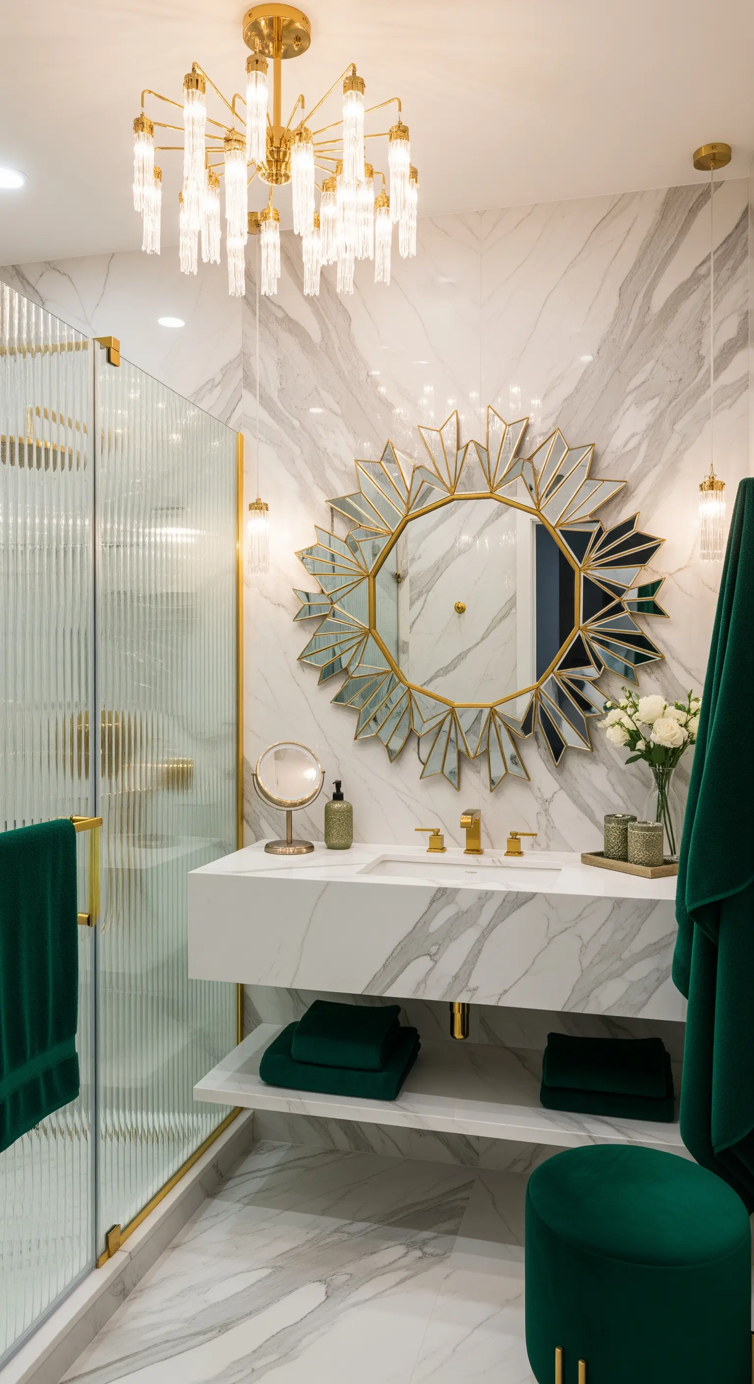 Bagno moderno con specchio a raggiera dorato e accenti verde smeraldo su fondo di marmo bianco.