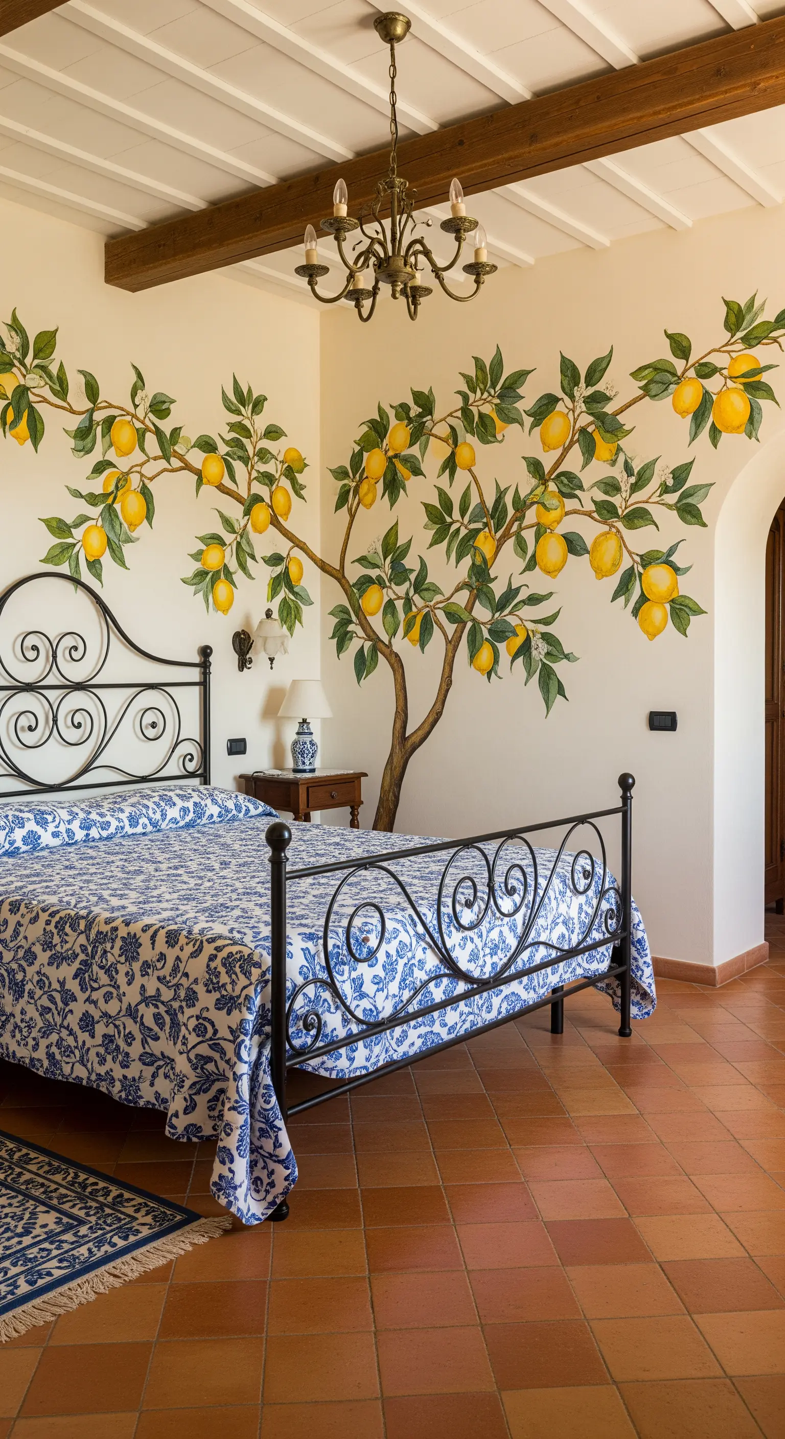 Camera da letto rustica con un albero di limoni dipinto sulla parete e pavimento in cotto.
