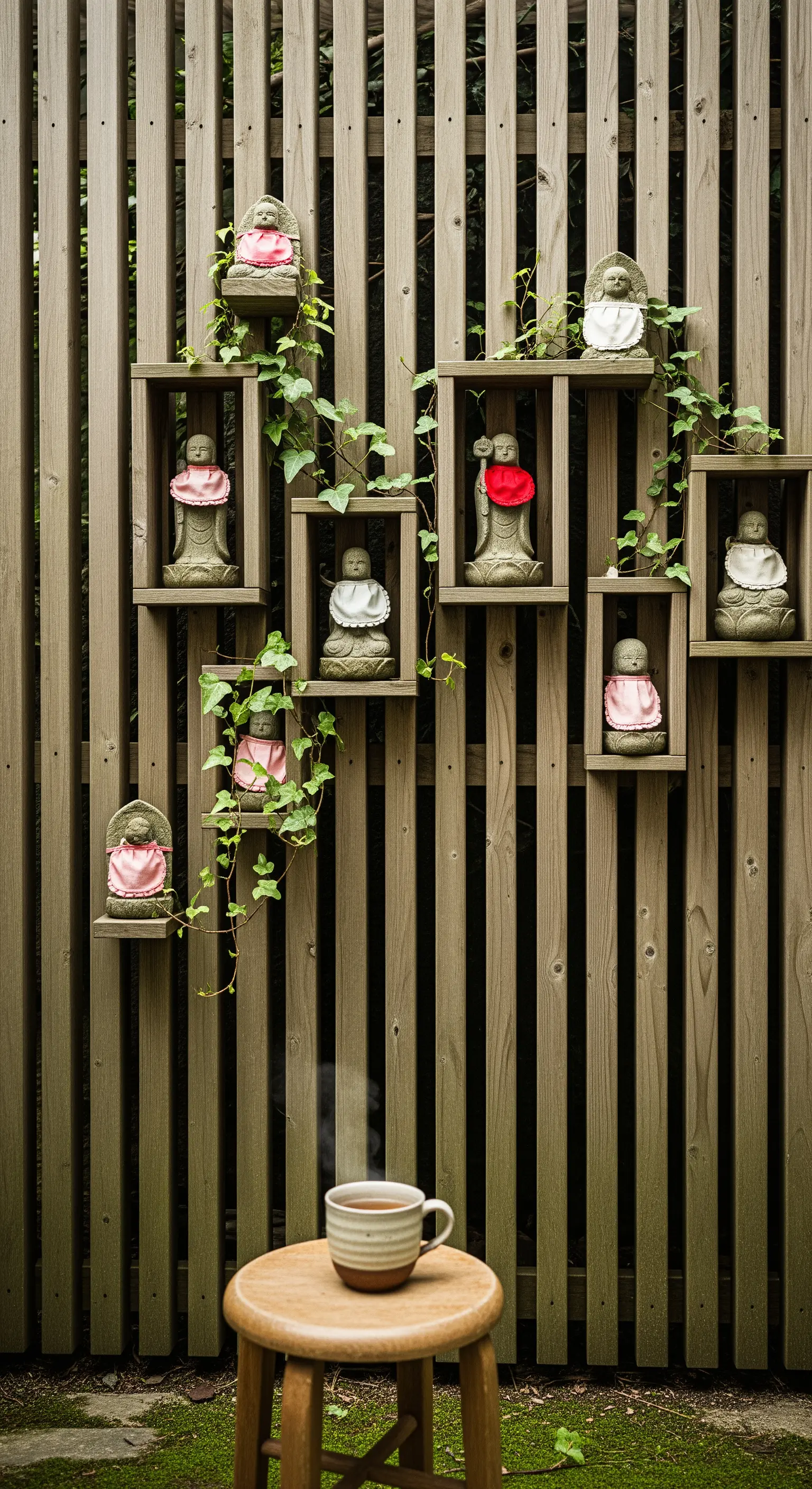 Parete in legno con mensole che ospitano piccole statue Jizo avvolte da edera.