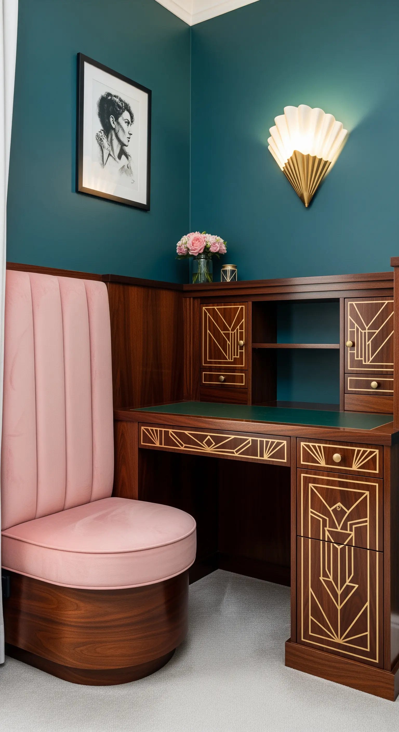 Scrivania angolare in stile Art Déco con intarsi dorati e seduta integrata in velluto rosa.