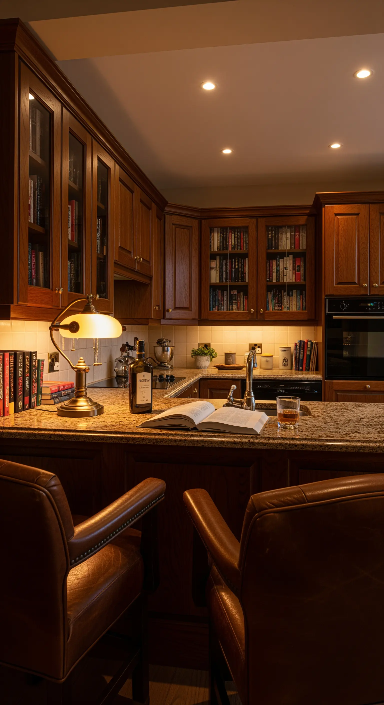 Cucina-biblioteca con mobili in legno scuro e poltroncine da bar in pelle marrone.