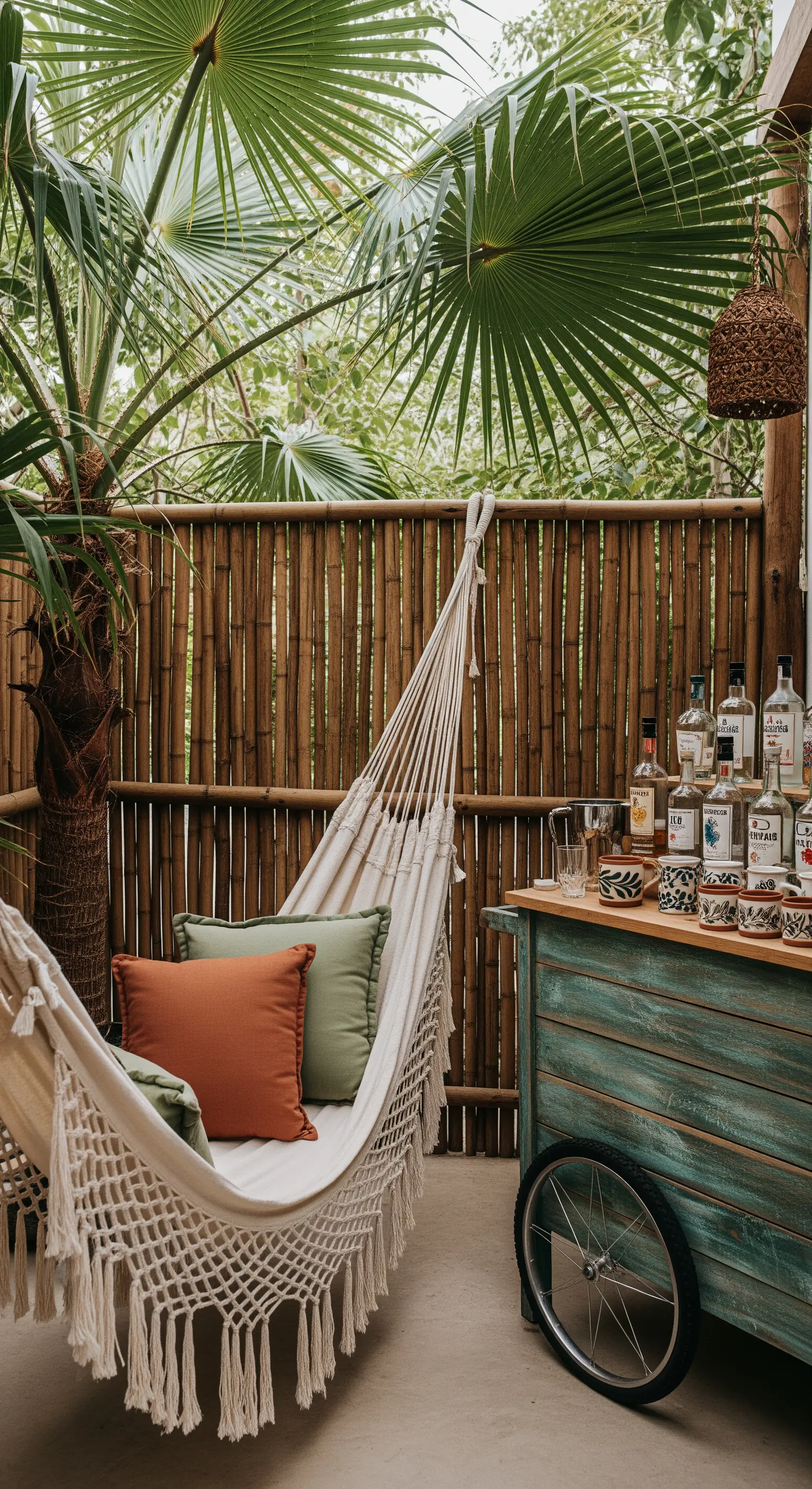 Amaca in cotone con cuscini colorati accanto a un carrello bar mobile e una recinzione di bambù