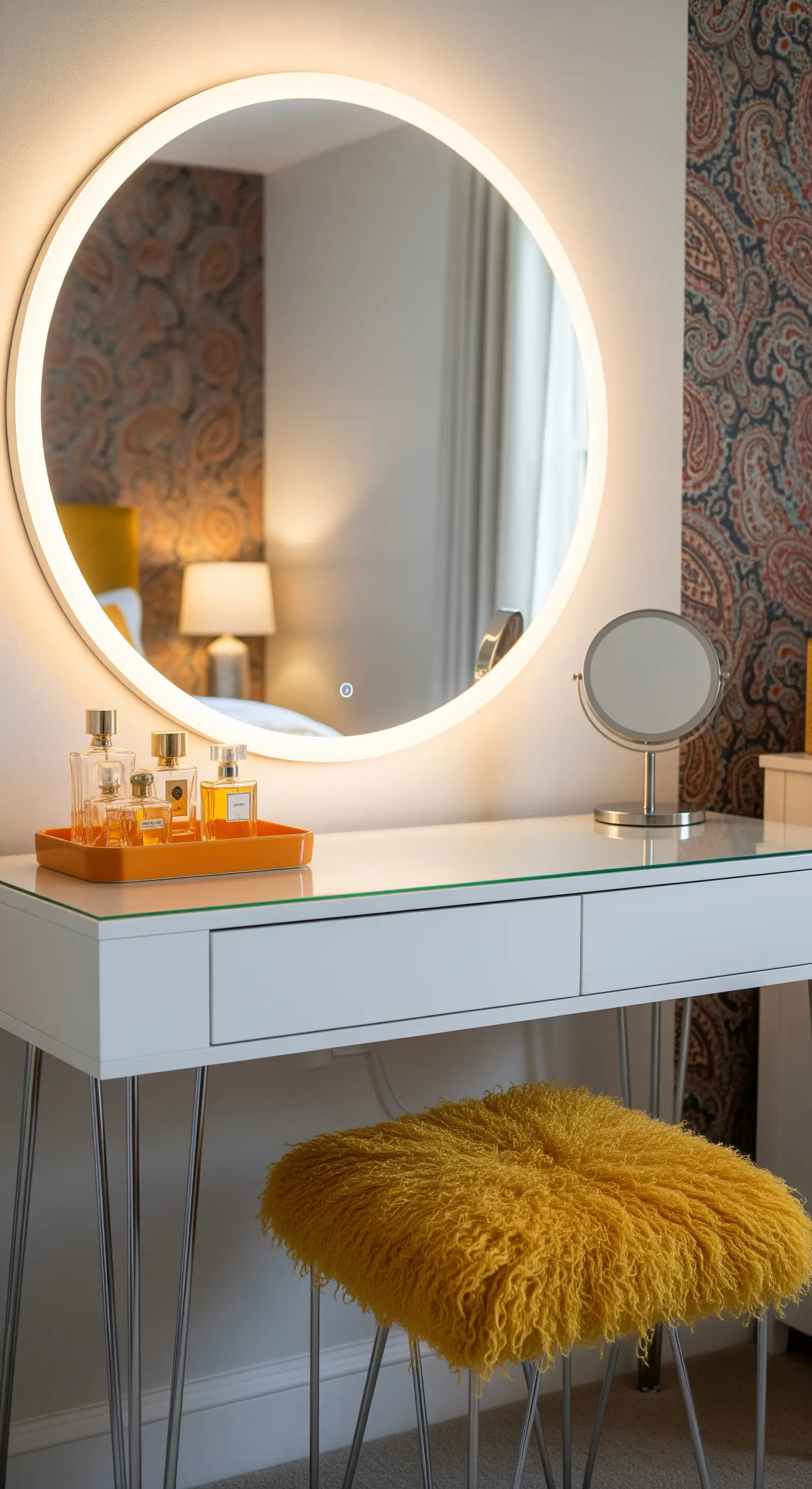 Angolo toeletta con specchio rotondo retroilluminato e sgabello in pelliccia sintetica gialla.