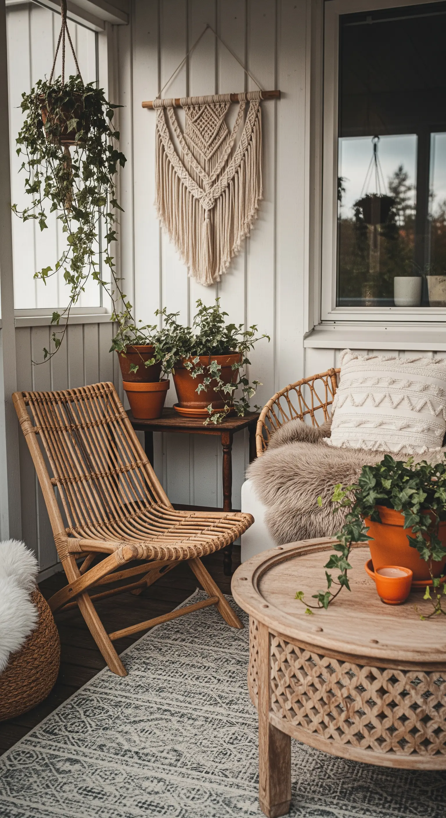 Angolo di un portico in stile boho con sedia in rattan, macramè e piante verdi.