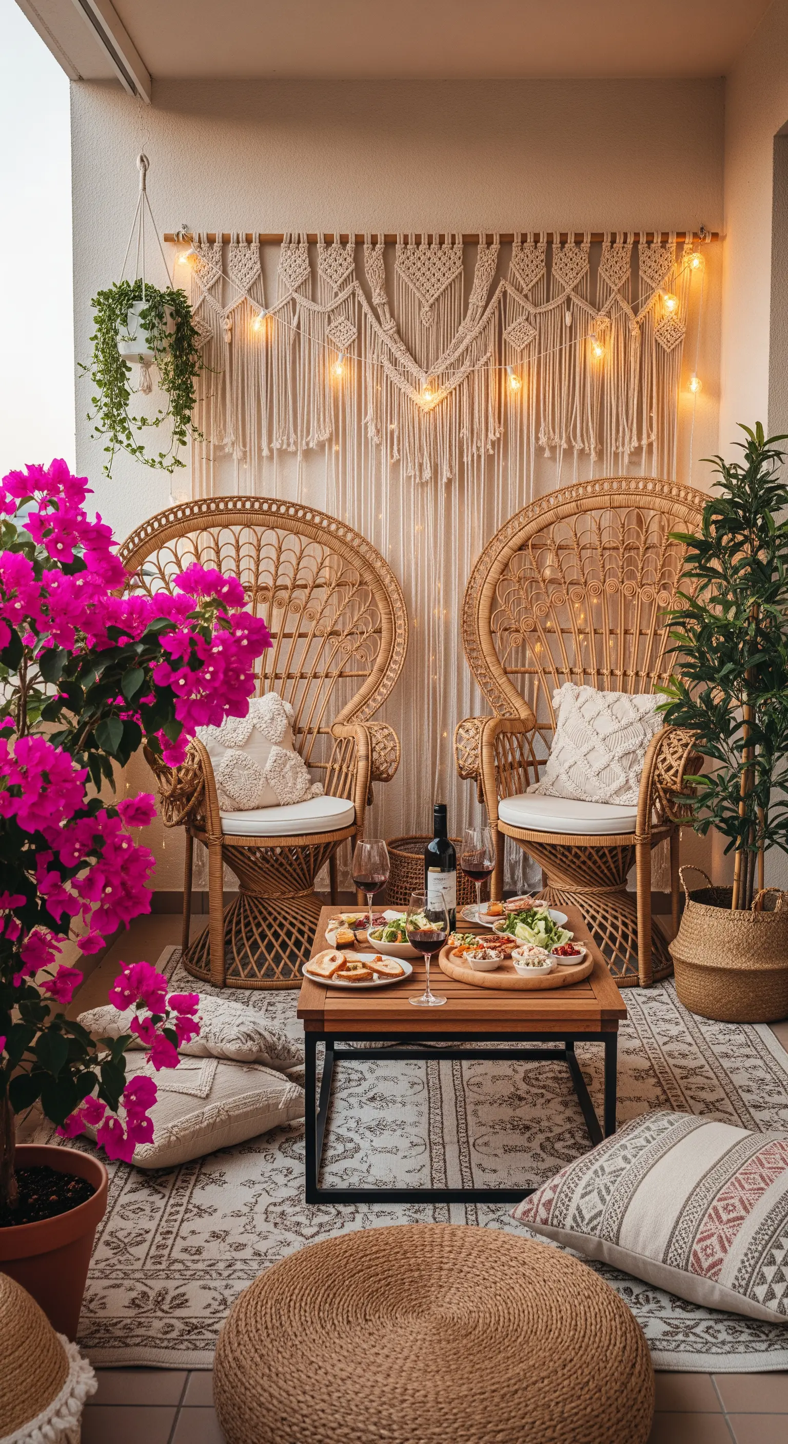 Balcone in stile boho-chic con poltrone in rattan, arazzo in macramè e una bouganville fucsia