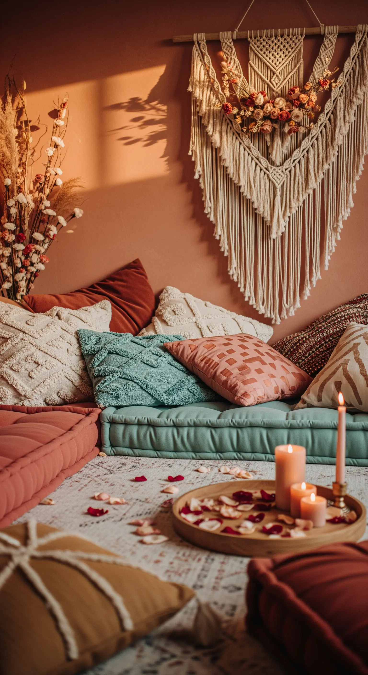 Angolo relax in stile bohémien con cuscini da pavimento su un tappeto e un arazzo in macramè.