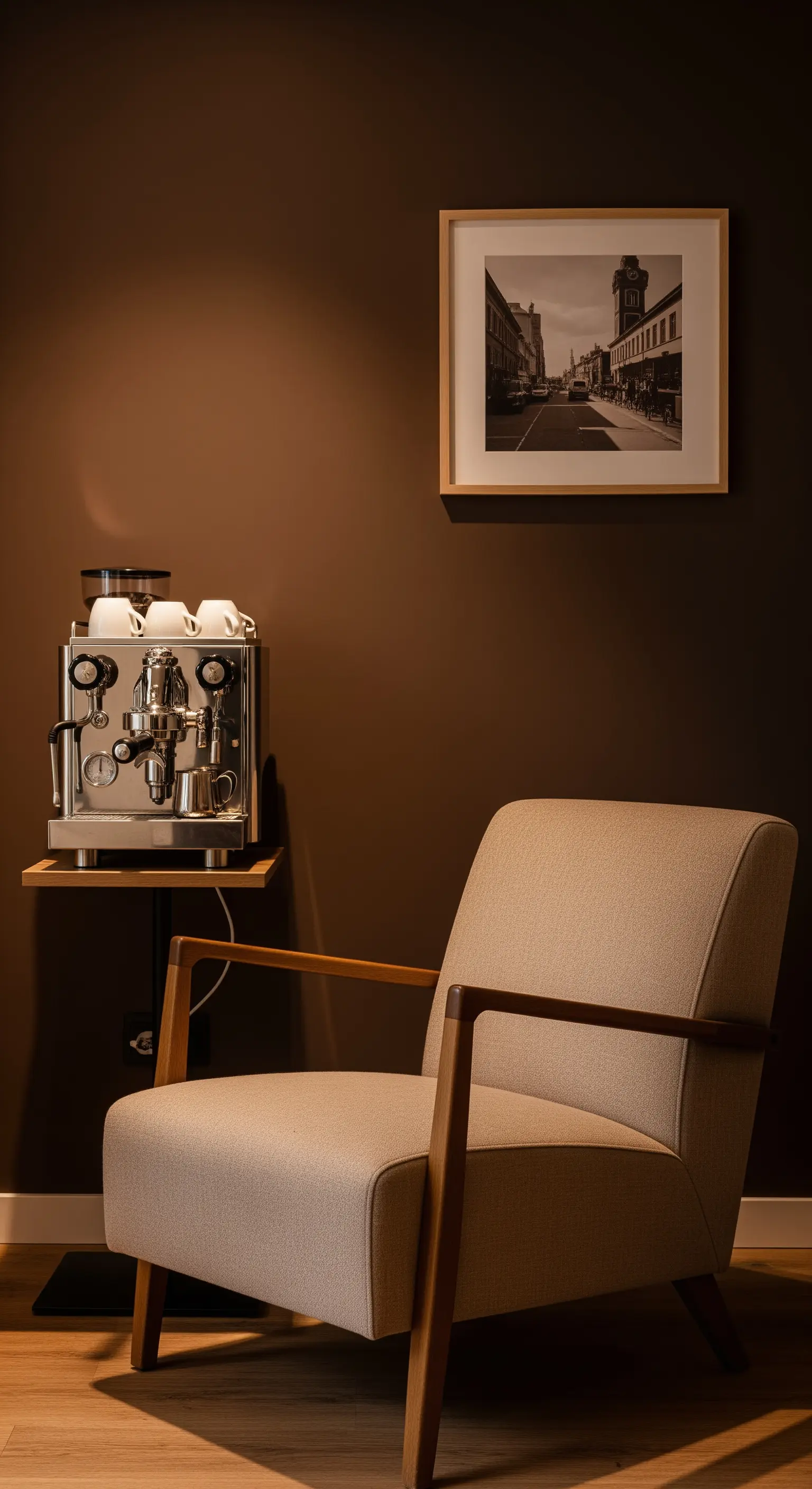 Poltrona minimalista e macchina per il caffè espresso su una parete color marrone scuro.