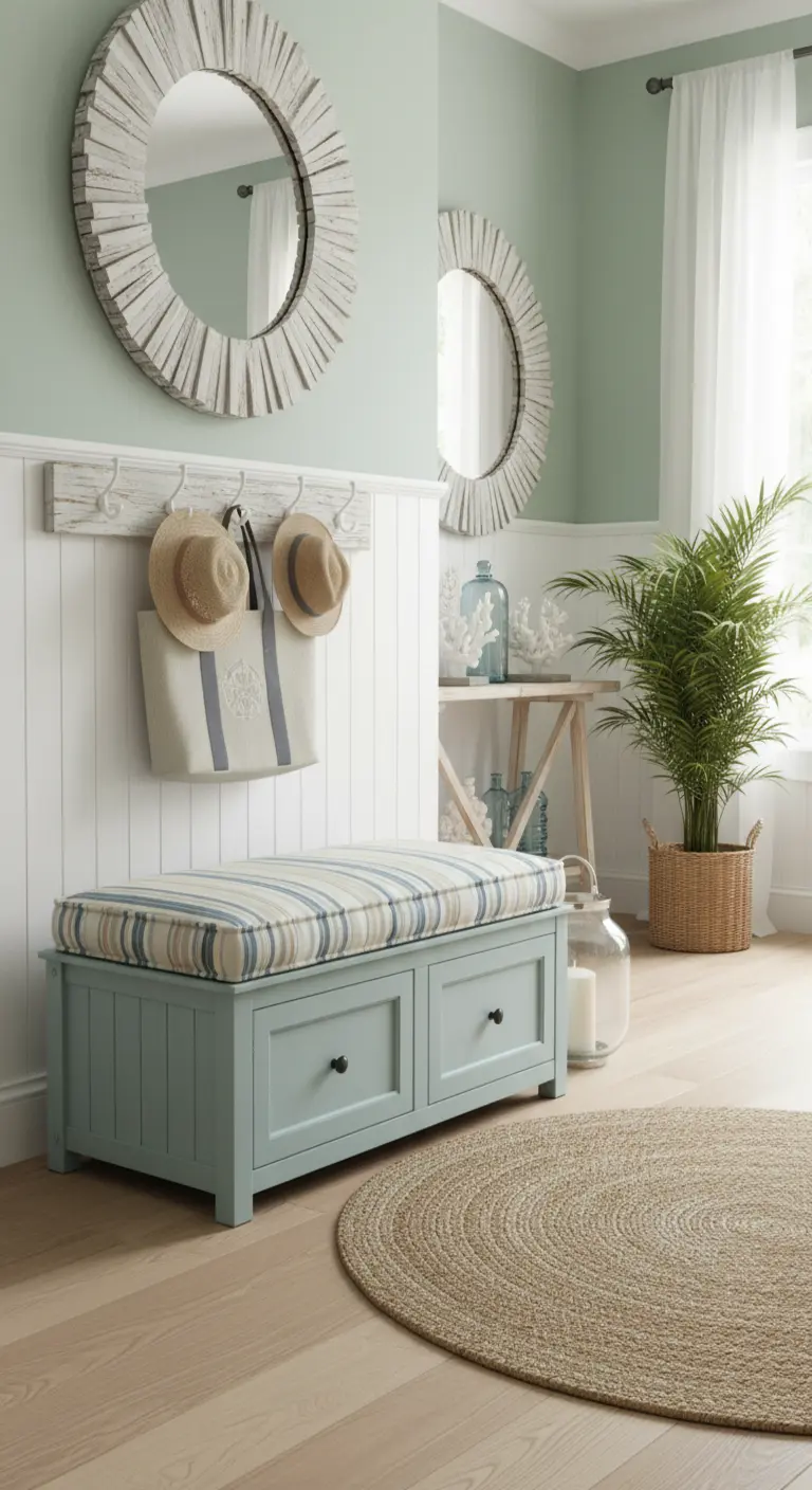 Panca azzurra con cuscino a righe in un ingresso stile costiero.