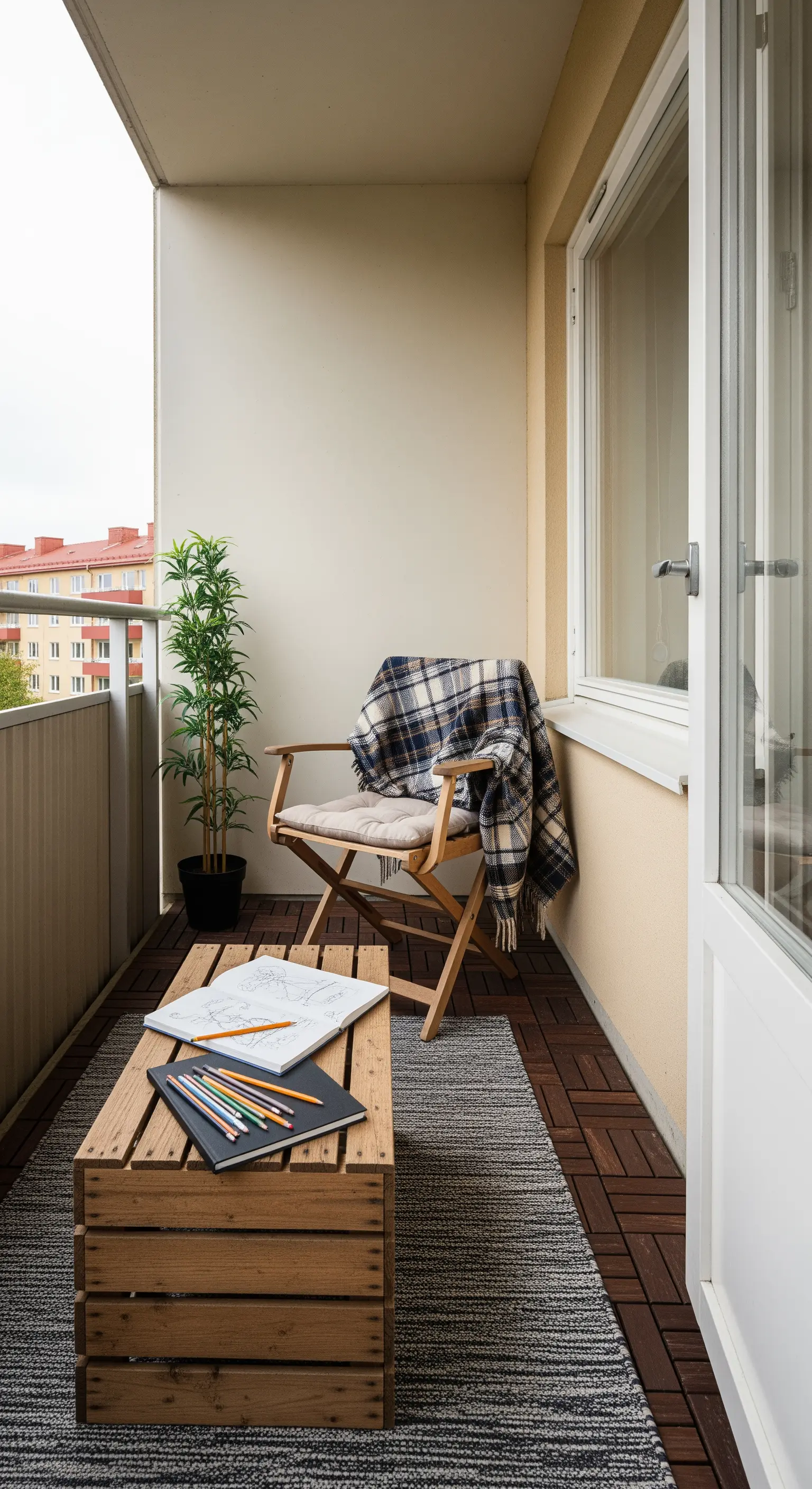 Balcone con sedia pieghevole, plaid e una cassa di legno usata come tavolino da disegno.