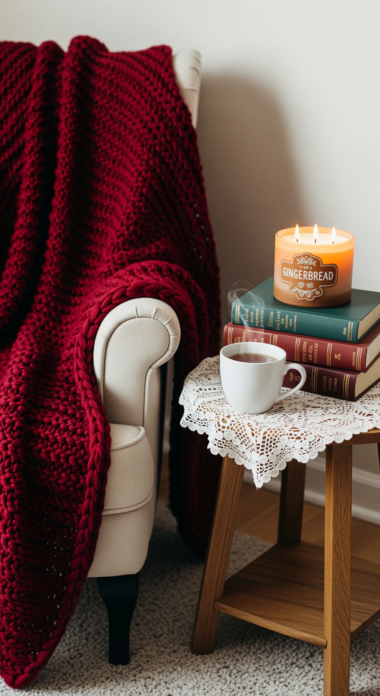Angolo lettura con poltrona, coperta rossa a maglia grossa e candela profumata su un tavolino.