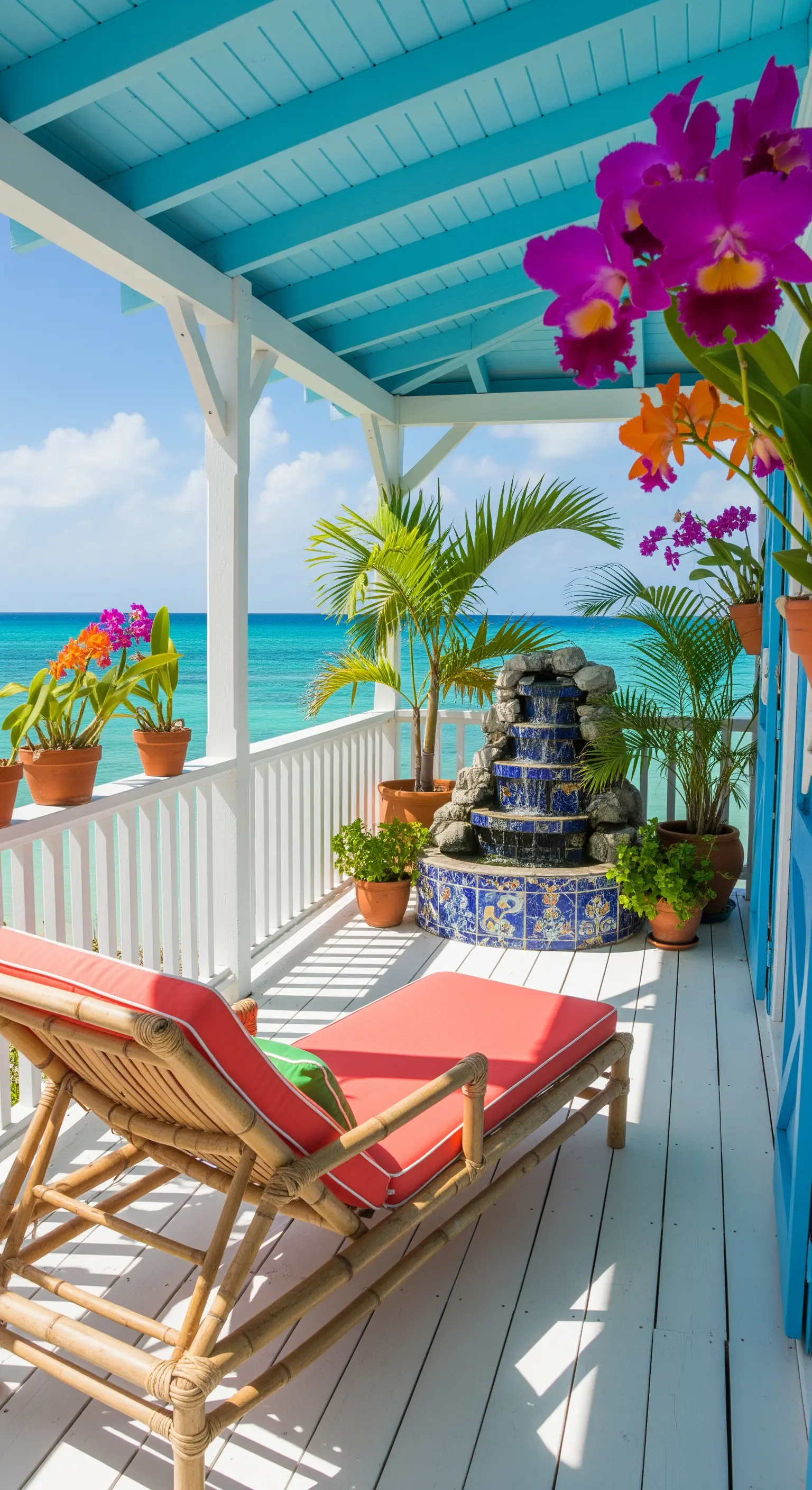 Balcone fronte mare con lettino in bambù, fontana in maiolica e orchidee colorate.