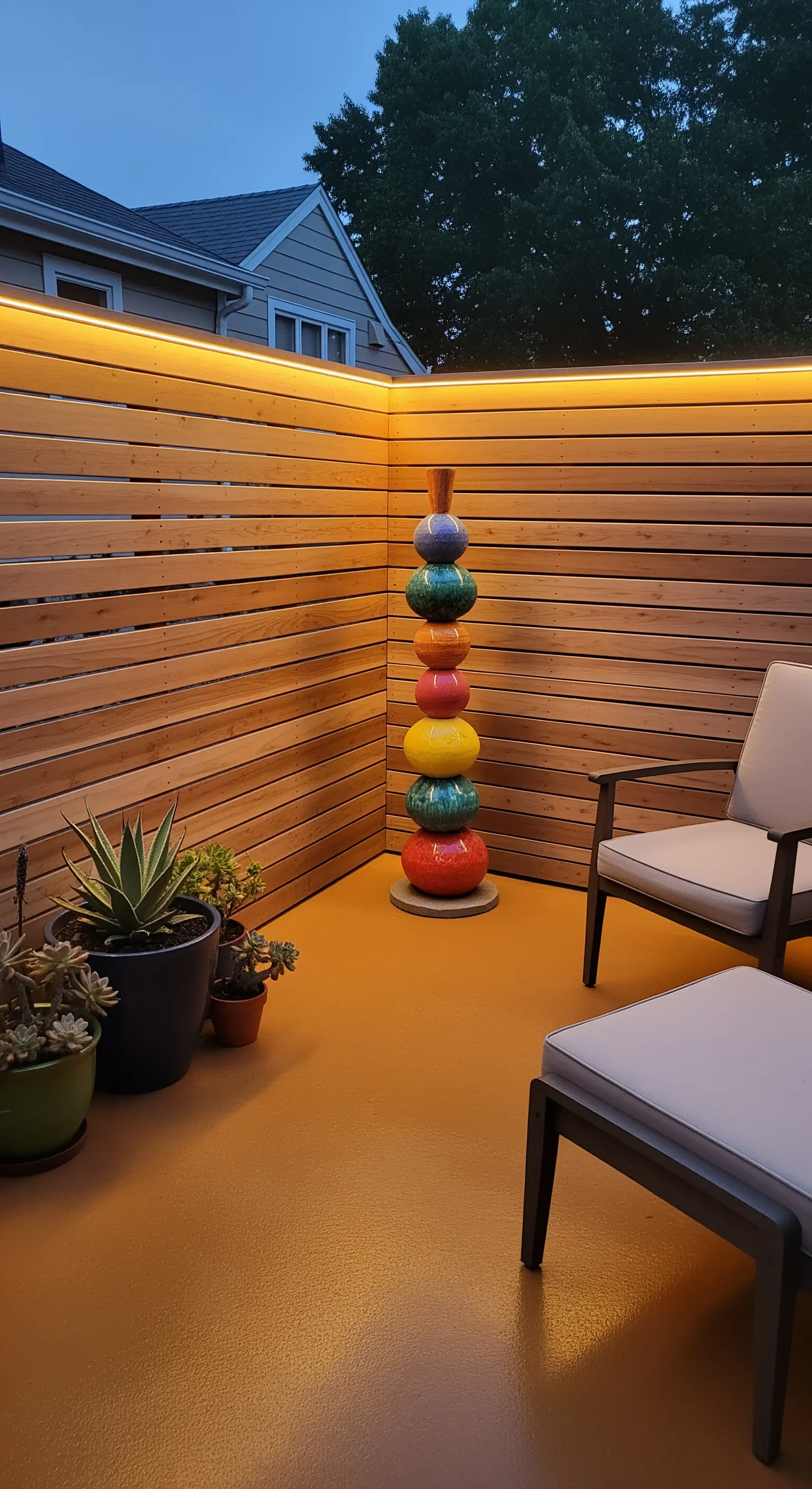 Totem scultoreo in ceramica colorata in un patio con pareti in legno e illuminazione a LED.