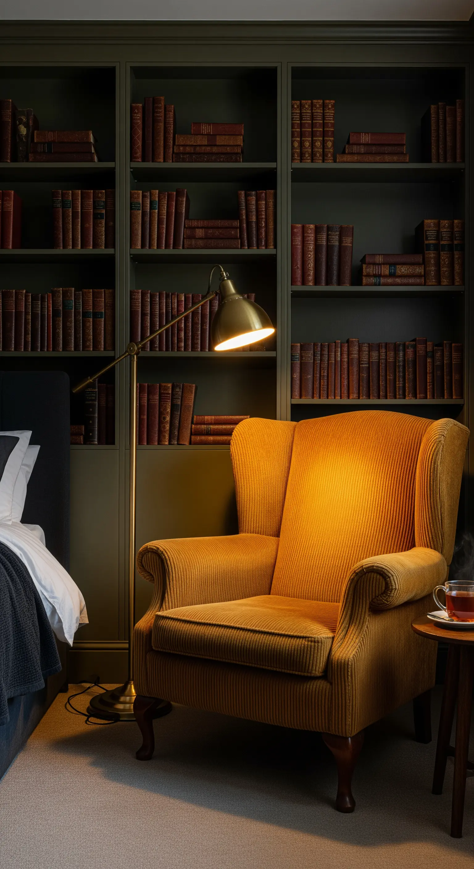 Angolo lettura in camera da letto con poltrona senape e libreria verde scuro.