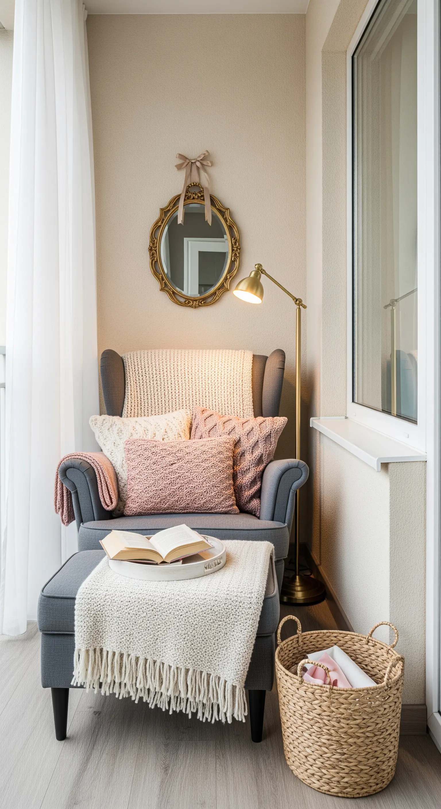 Angolo lettura su un balcone con poltrona grigia, coperte e cuscini rosa e lampada dorata.