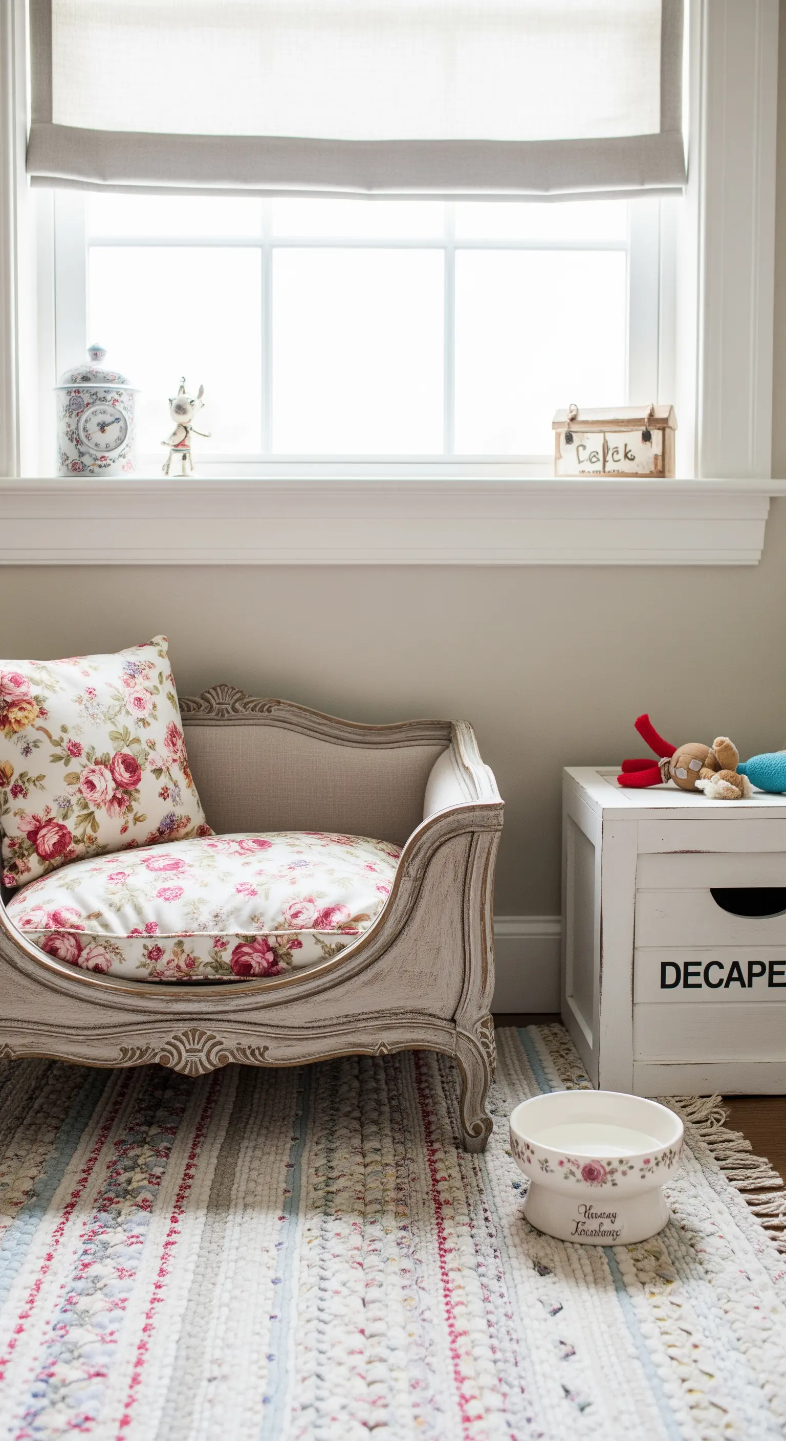 Cuccia per cani a forma di dormeuse con cuscino floreale, accanto a una cassa per i giochi.