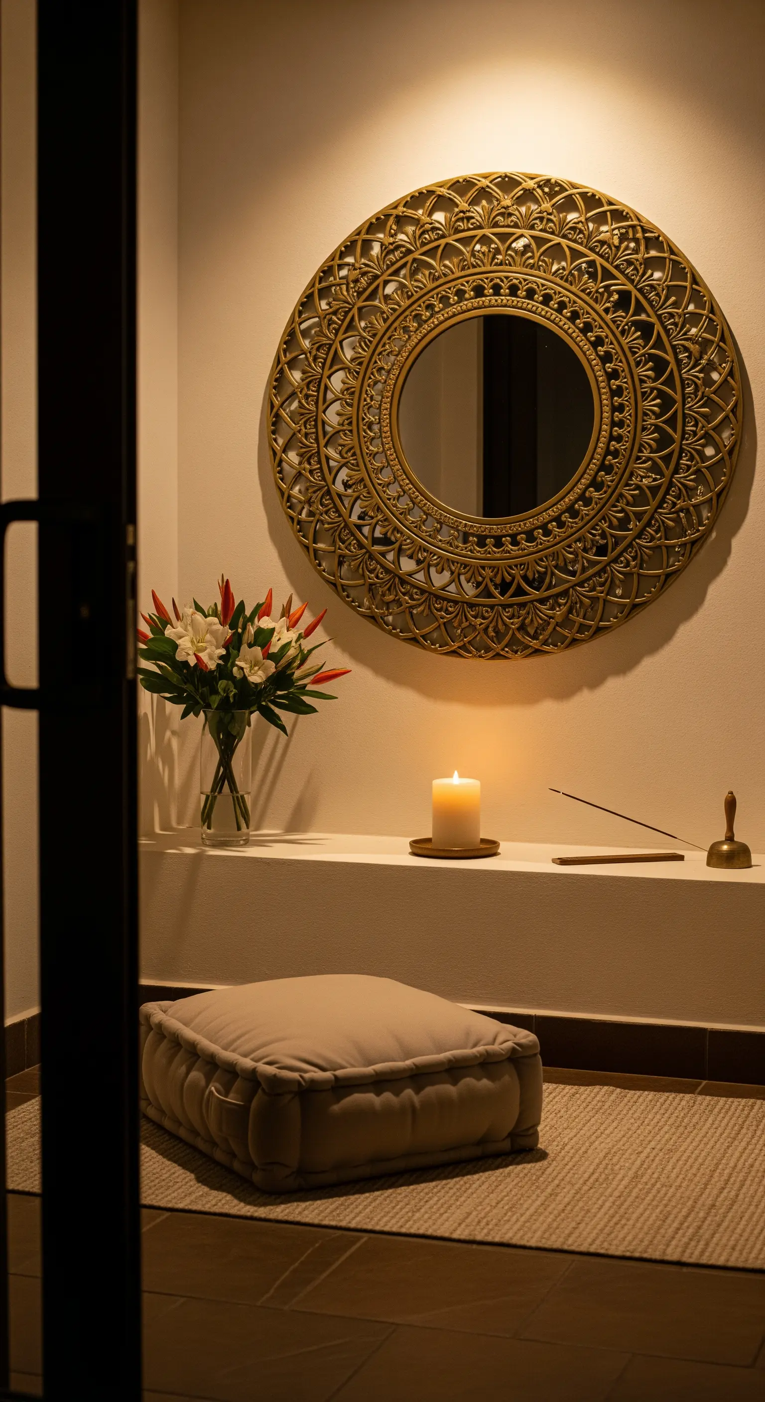 Angolo meditazione con cuscino a terra, candela e un grande specchio rotondo dorato e intagliato.