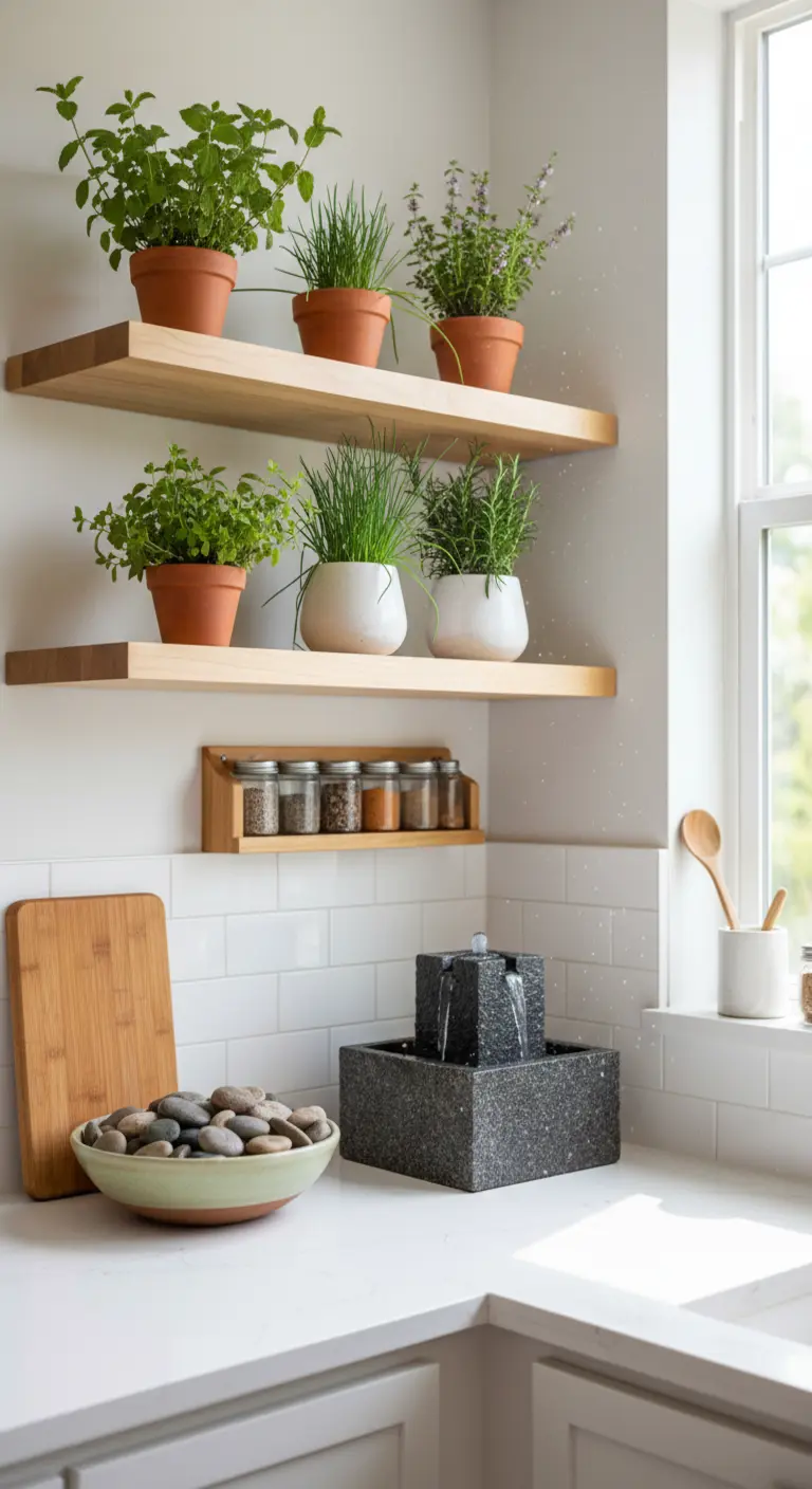 Angolo cucina con fontana in granito, ciotola di pietre e mensole con erbe aromatiche.