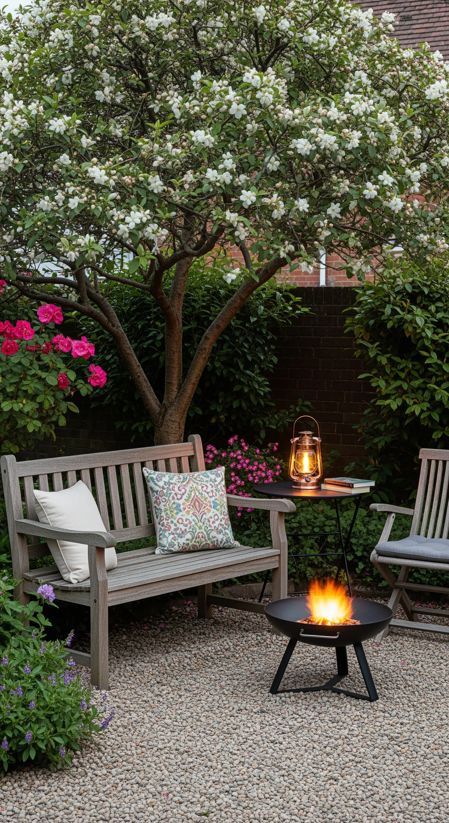 Panca in legno e braciere portatile su un patio di ghiaia, sotto un albero in fiore.
