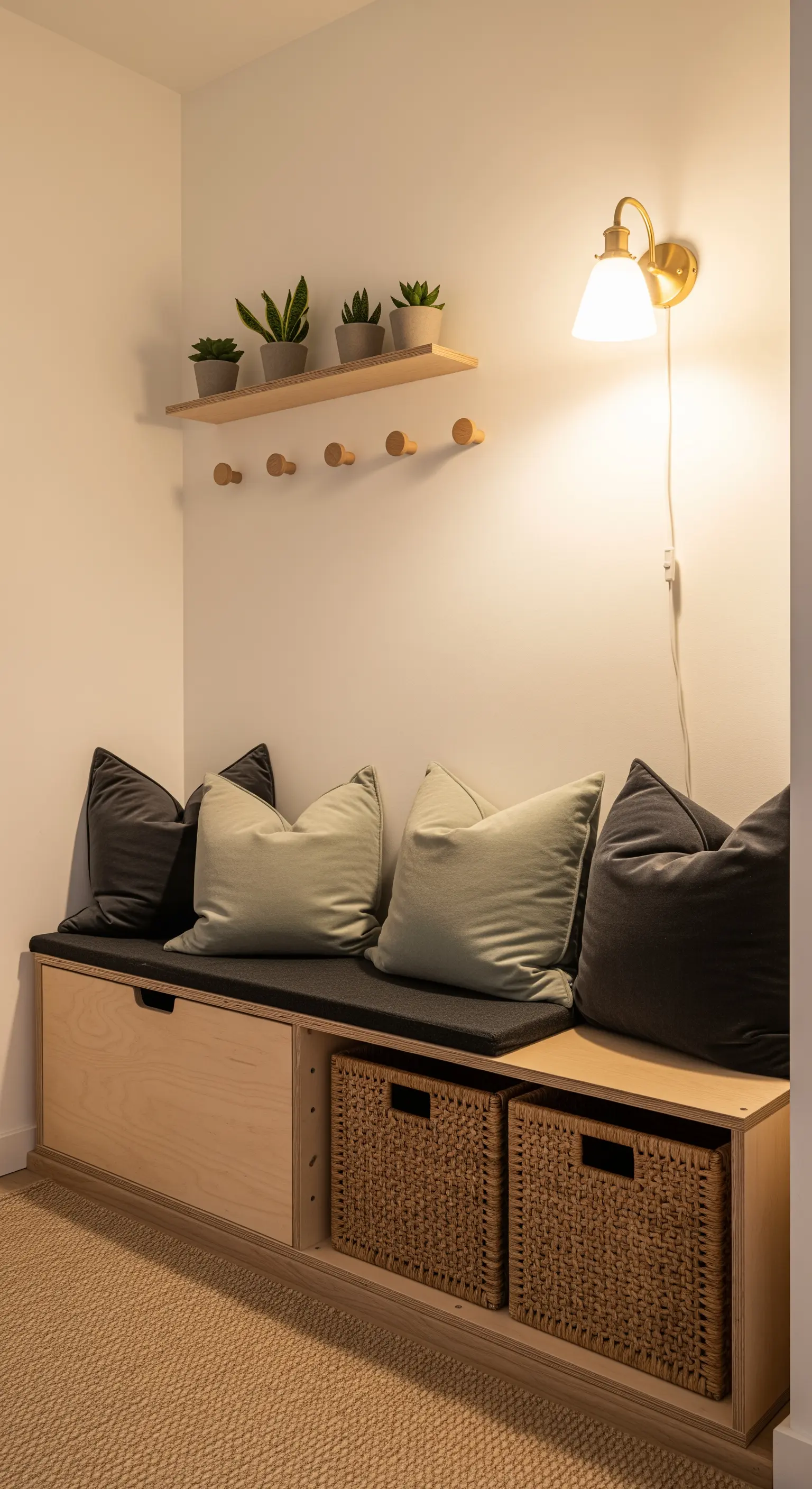 Nicchia d'ingresso con panca contenitore, cuscini e applique da parete con luce calda.
